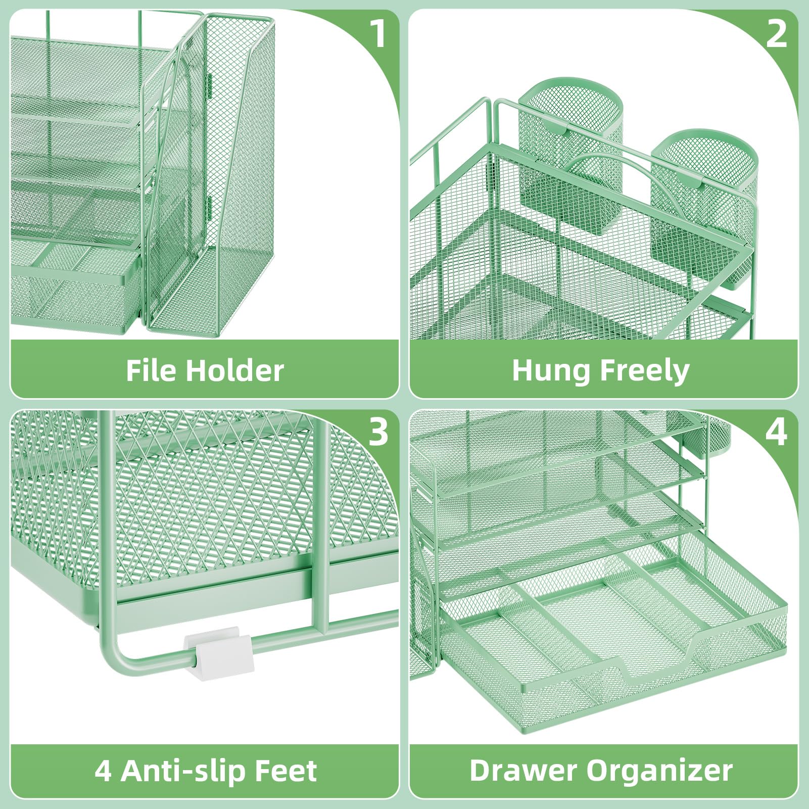 Marbrasse Organizer da scrivania e accessori, vassoio per lettere a 4 ripiani con porta documenti, accessori da scrivania e organizer per spazi di lavoro con cassetto e 2 portapenne (verde, 39,1 x
