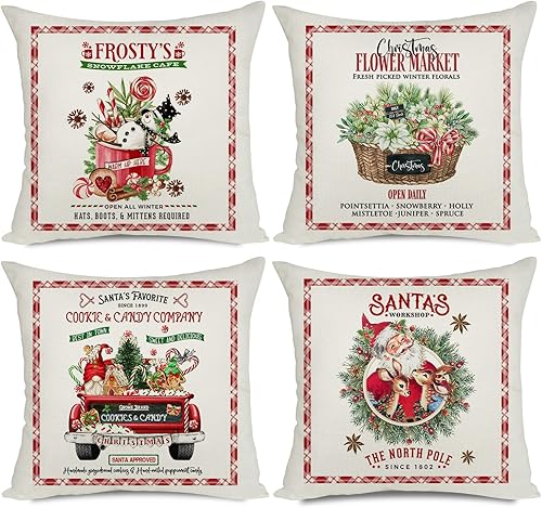 Artmag Juego de 4 fundas de almohada decorativas de Navidad de 24 x 24 pulgadas, fundas de almohada de Navidad para sofá de entrenador