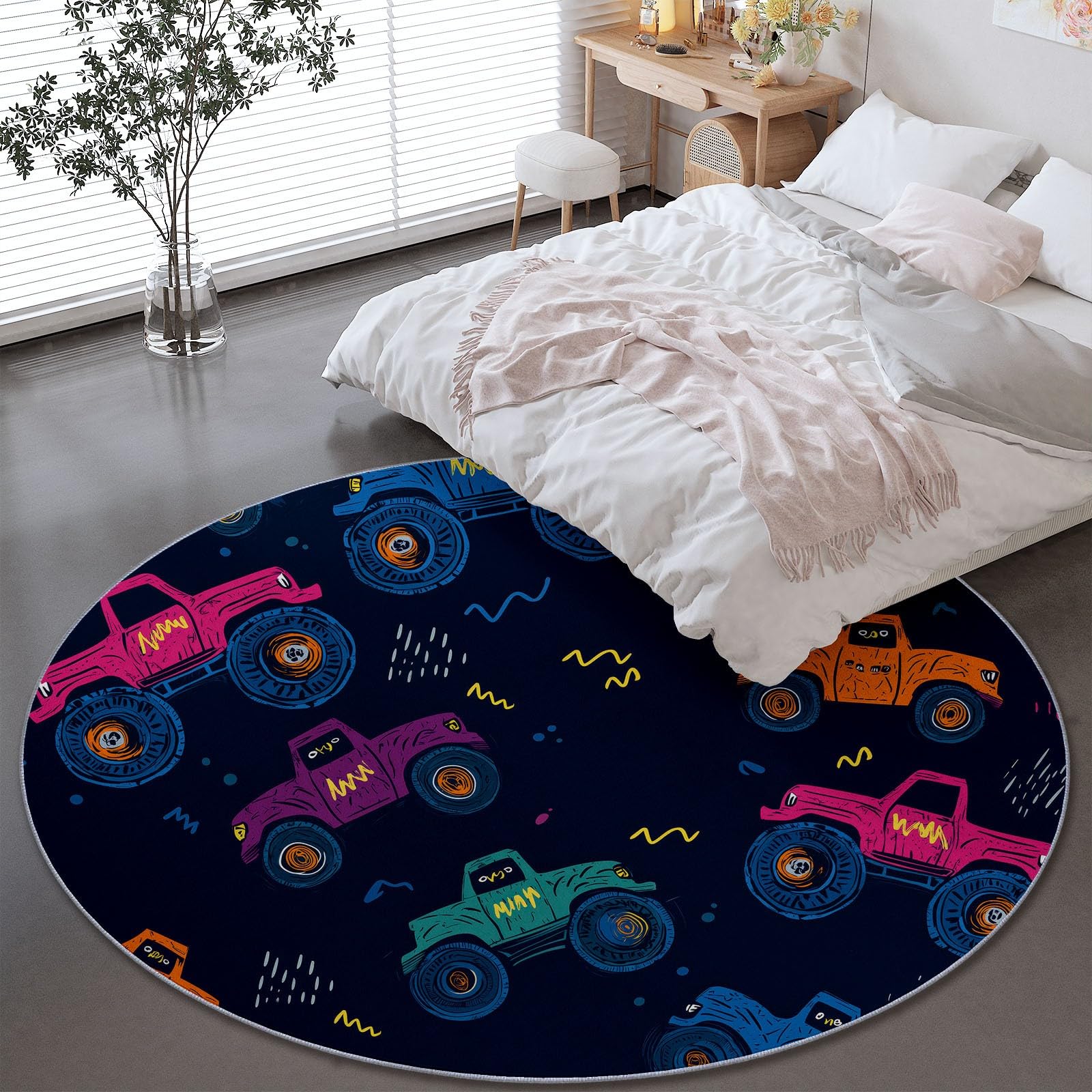Generico Nero Tappeto Rotondo 120 cm - Antiscivolo Lavabile Tappeti per Bambini Cameretta Soggiorno, Cartone Animato Camion Veicolo Stampa Morbido Flanella Tappeto Rotondo per Divano
