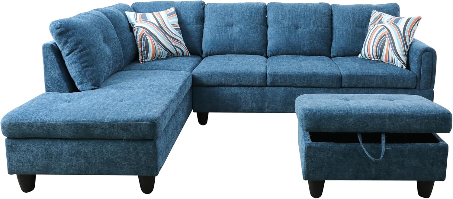 NicBex Modular L-Shaped Sectional Couches, 3-Piece Convertible Couch with Storage Ottoman, 4-Seat Comfy Sofa with Chaise for Living Room & Apartment, Blue