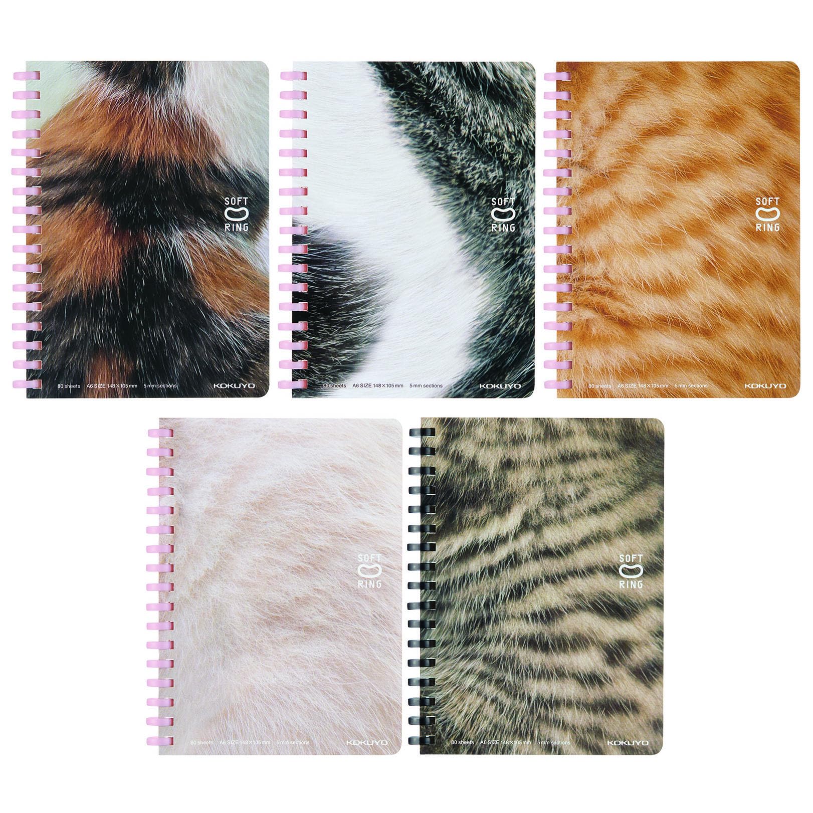 KOKUYO Spiral Graph Notebooks, 5 Pack 5.8'' x 4.1'' Kitten A6 Soft Ring Journal Notebooks with 5mm Grid Ruled, 80 Perforated Sheets, Cute Subject