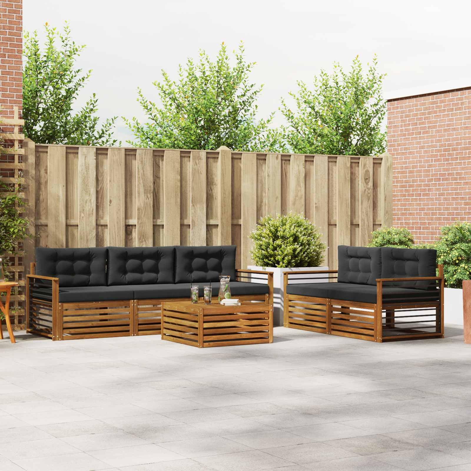 Modułowa sofa outdoorowa zestaw z litego drewna akacjowego z poduszką, 6-częściowy w kolorze naturalnym i antracytowym