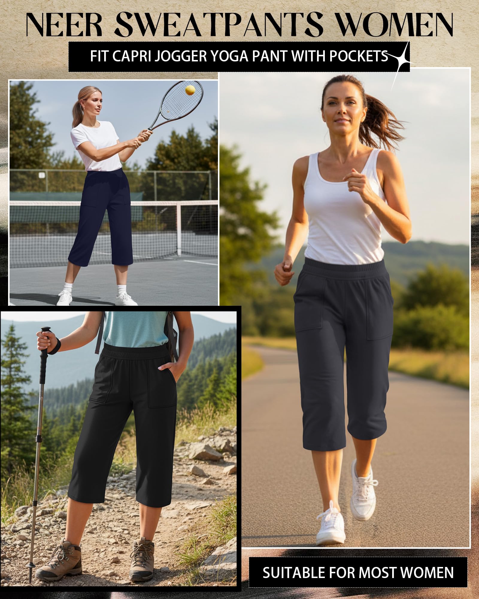 Neer Lot de 3 capris capris en coton pour femme - Pantalon de yoga confortable à jambe large et décontractée avec poches