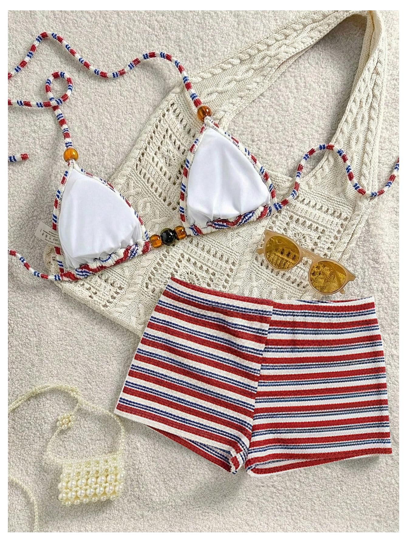Damski zestaw bikini w paski wiązane na szyi z koralikami trójkątny strój kąpielowy 2-częściowy strój kąpielowy kawowy brązowy XL
