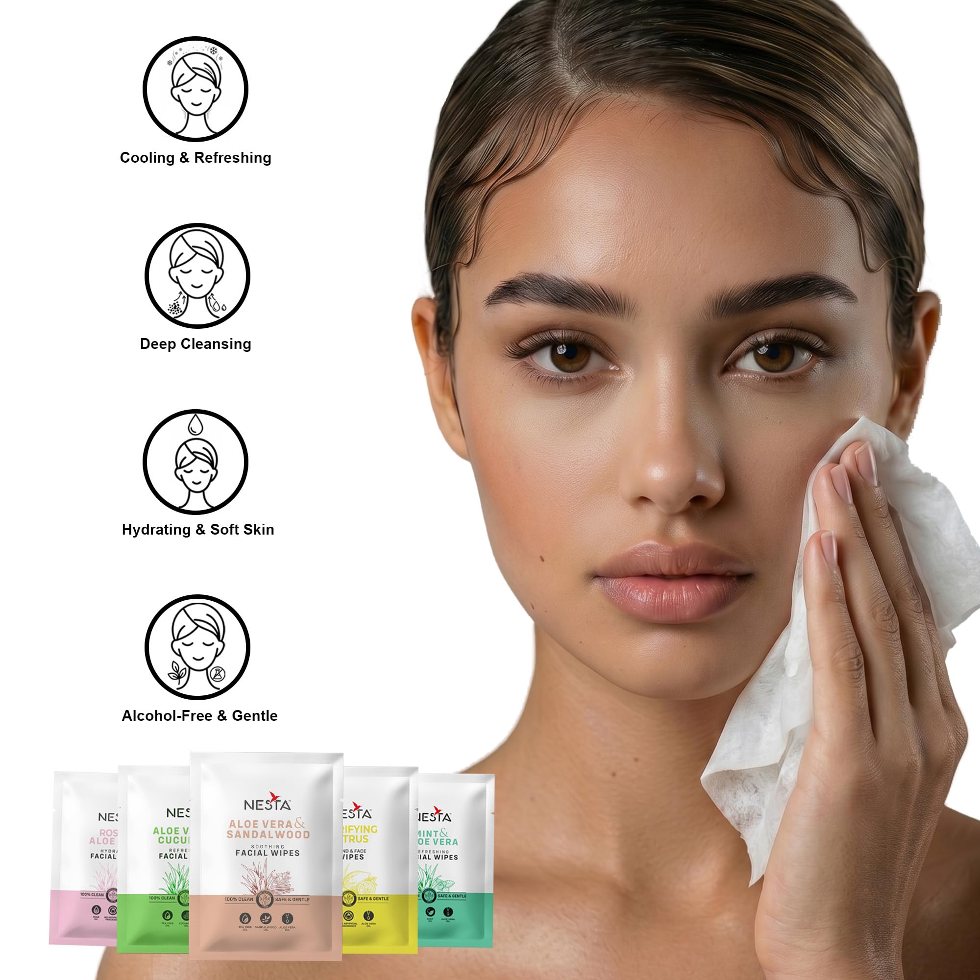 Nesta Daily Cleansing & Moisturizing Wet Wipes with Aloe Vera – Rose, Lemon, Mint, Cucumber, Sandalwood | Alcohol, Paraben & Silicone Free | 50 Wipes (5 Packs x 10) 2