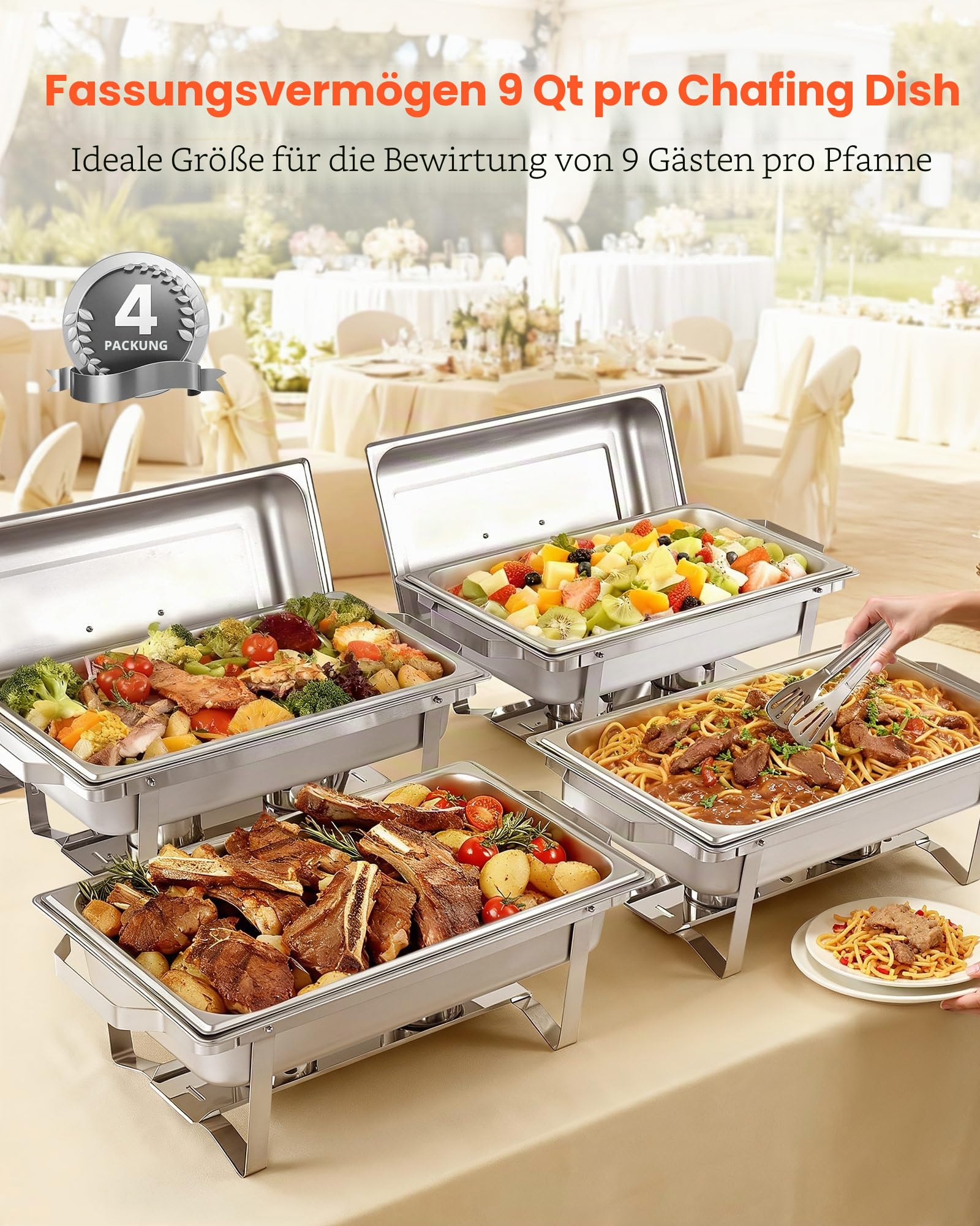 VEVOR rechteckiger Chafing Dish Set 8,5 L Speisenwärmer Buffet Warmhaltebehälter mit Griff & Lebensmittelzange & Deckel & Brennstoffhalter, geeignet für Bankett Party Hochzeit Silber (4)