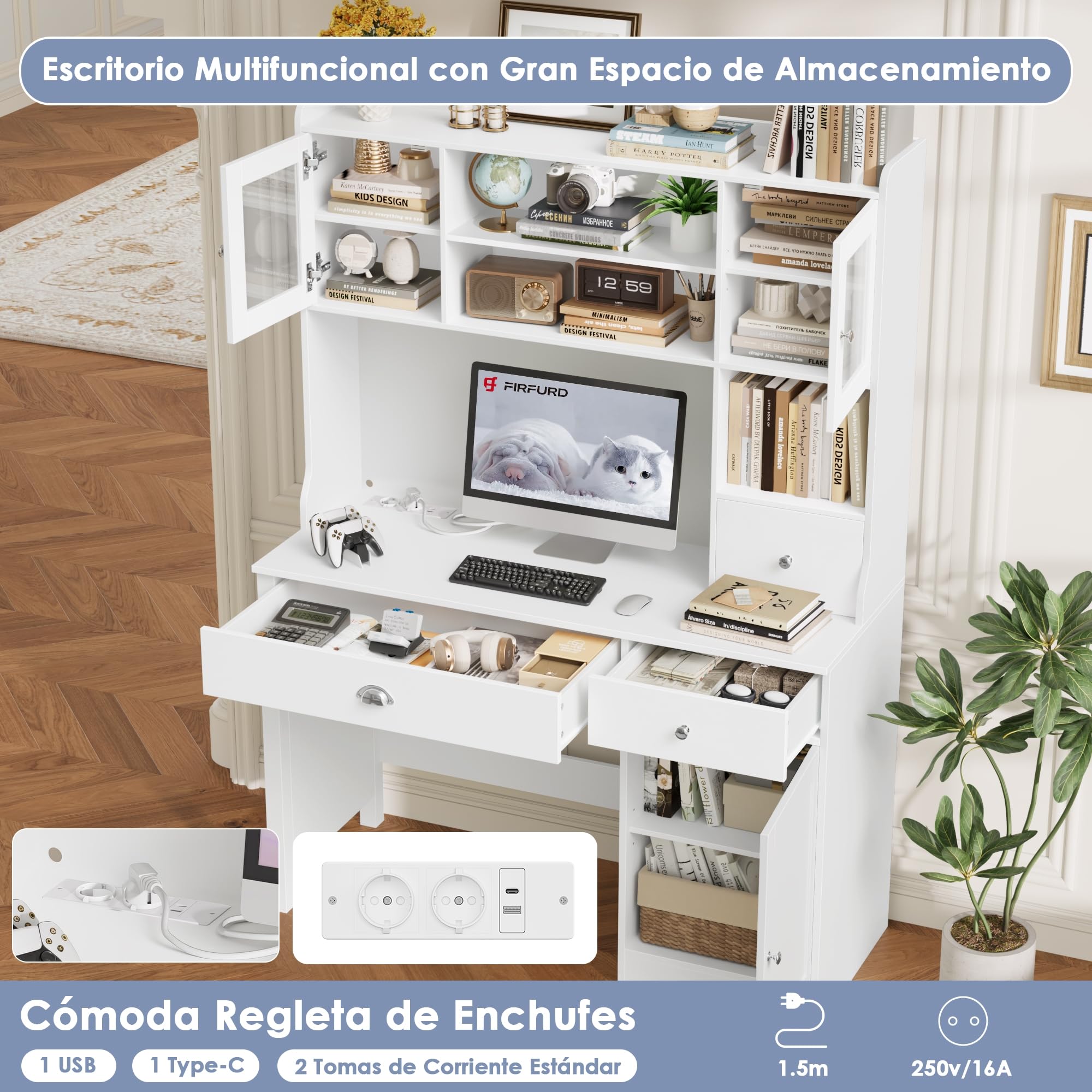 FirFurd LED Mesa Escritorio con Estantería Ajustable 3 Cajones, 3 Puertas