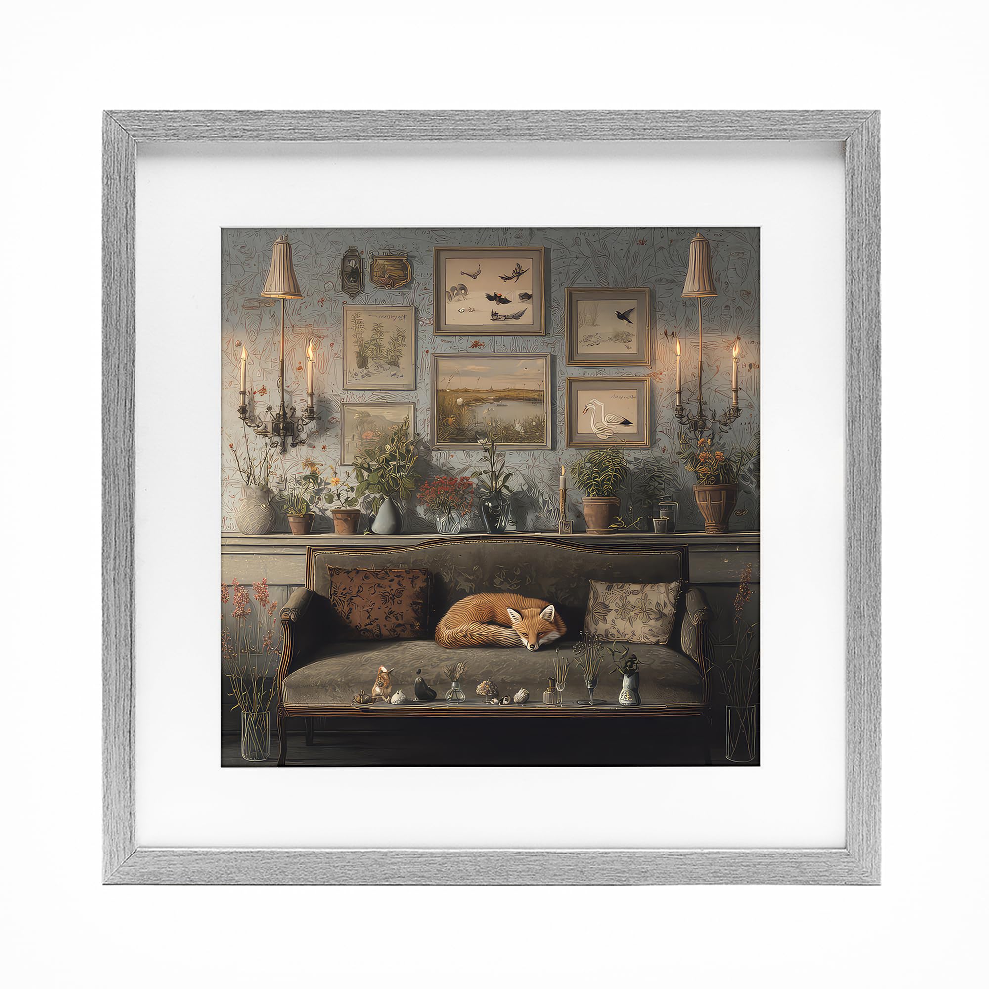 'Fox on Antique Sofa'| Framed Print Under Glass