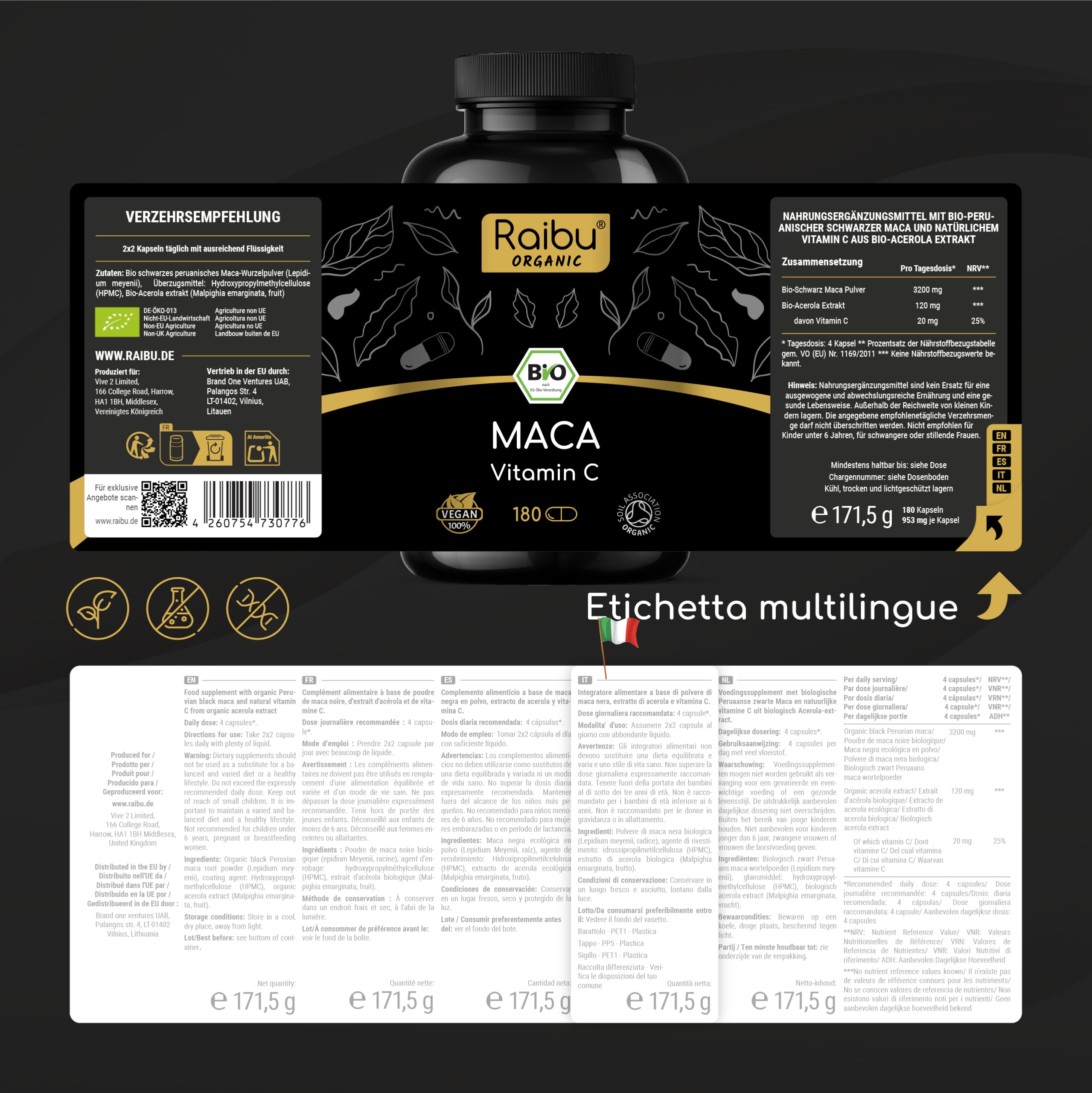Maca Peruviana Nera BIO Extra Forte - 12.800 mg Maca Nera al giorno (equivalente a 3.200 mg) - Equilibrio Ormonale, Energia, Benessere - Originaria del Perù & Certificata BIO - 180 Capsule Vegane
