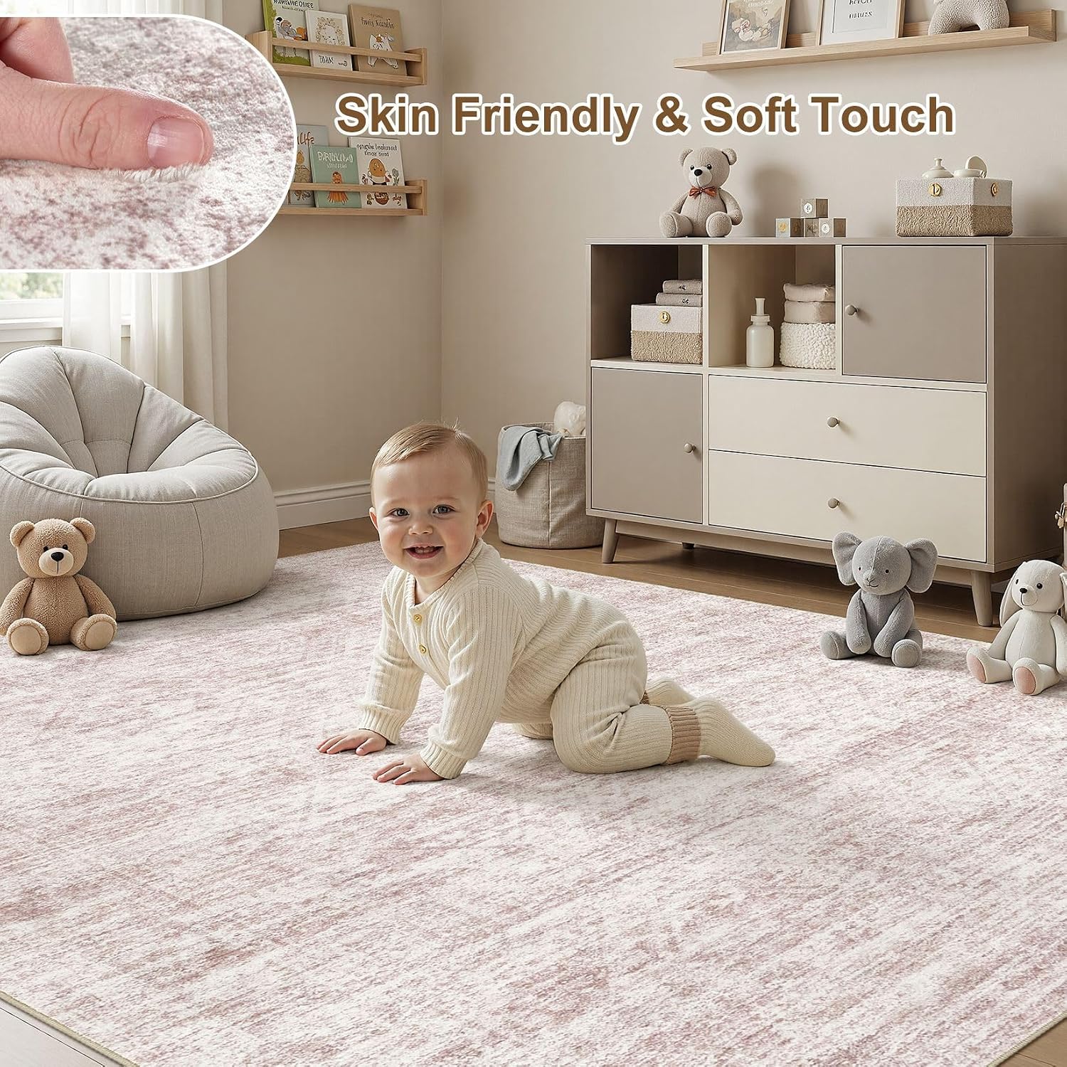 cotiled Washable Area Rugs for Living Room 5x7: Non Slip Low Pile Neutral Abstract Carpet Kid & Pet Friendly Stain Resistant Rugs for Bedroom Home Office Decor (5x7 Pink)