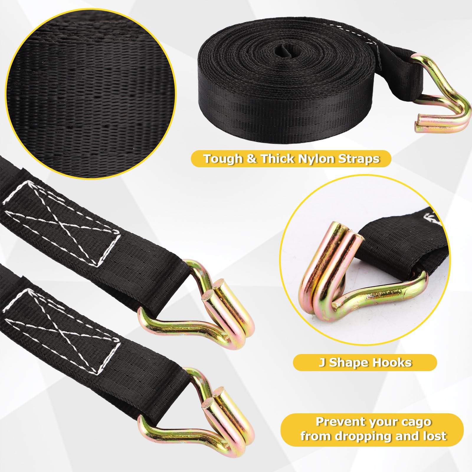 YOUNTHYE 2 Set Ratchet Straps Heavy Duty, 5cmx10m Ratchet Tie Down Straps with Metal J Hooks, 5000kg Break Strength - Image 3