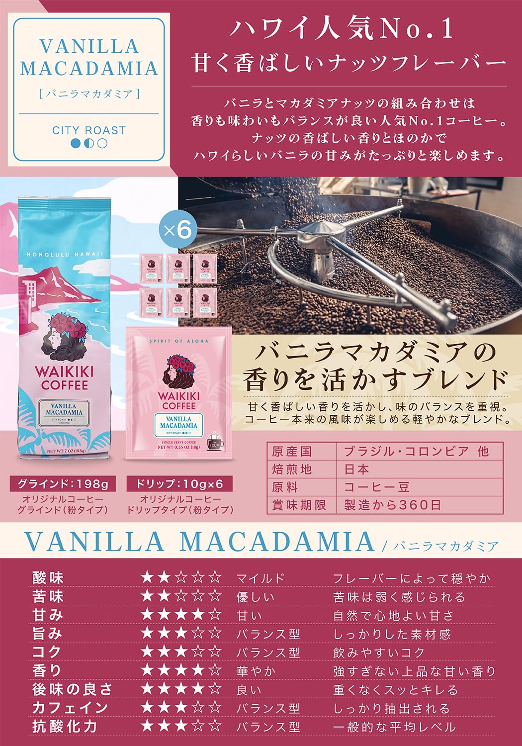 ワイキキコーヒー 粉タイプ バニラフレーバー 2種お試しセット 198g × 2