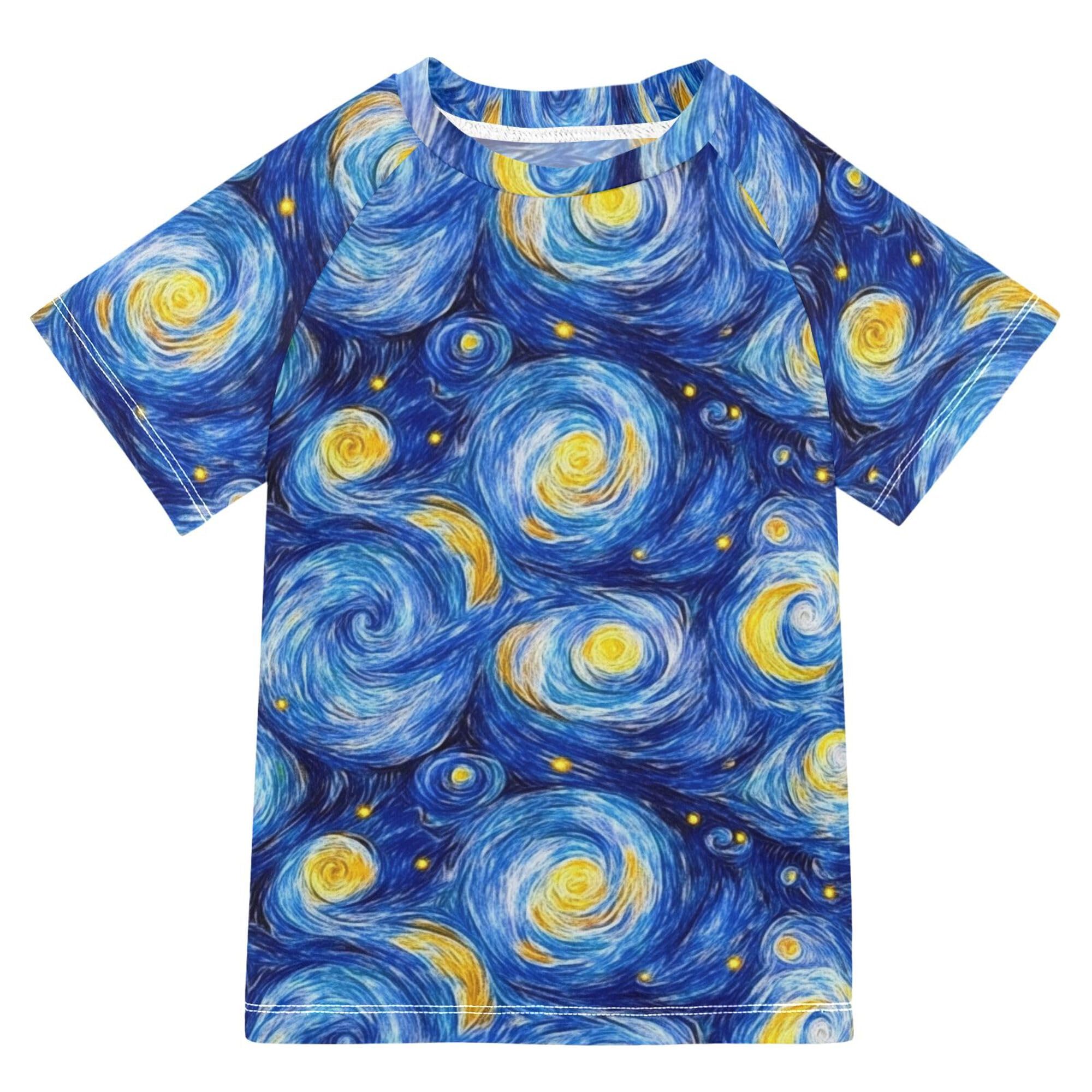 Blue Starry Night Oil Painting Girls Bathing Suit Sun Protection Girls Rash Guard Swimwears Athletic Tops for Youth Boy 4T