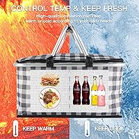 Vista 3 de Cesta de picnic aislada, bolsa enfriadora plegable, cesta de comestibles de 32 litros con tapa, 2 asas resistentes, cesta de almacenamiento