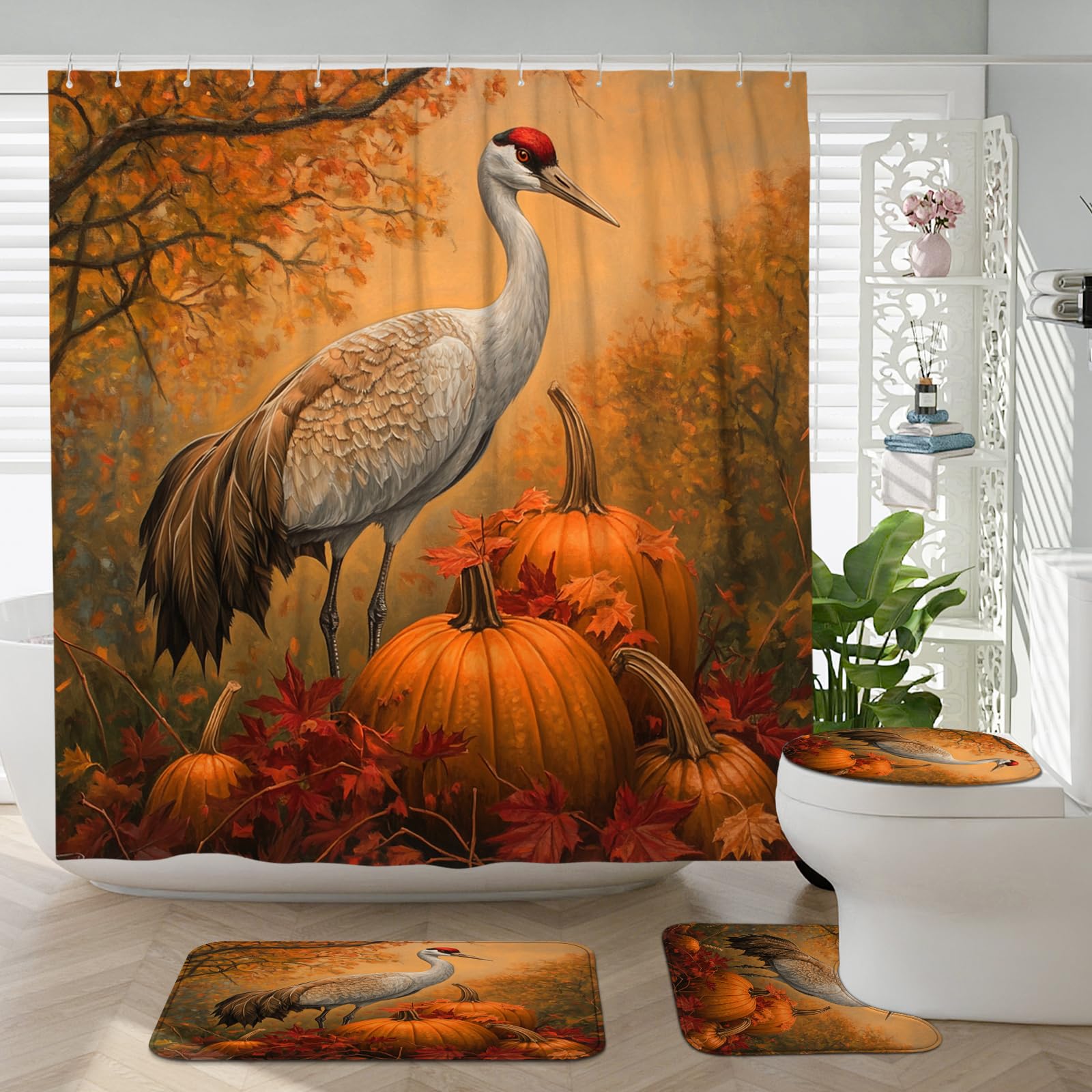 Rideau de douche grues d'automne et tapis assortis pour une salle de bain cocooning