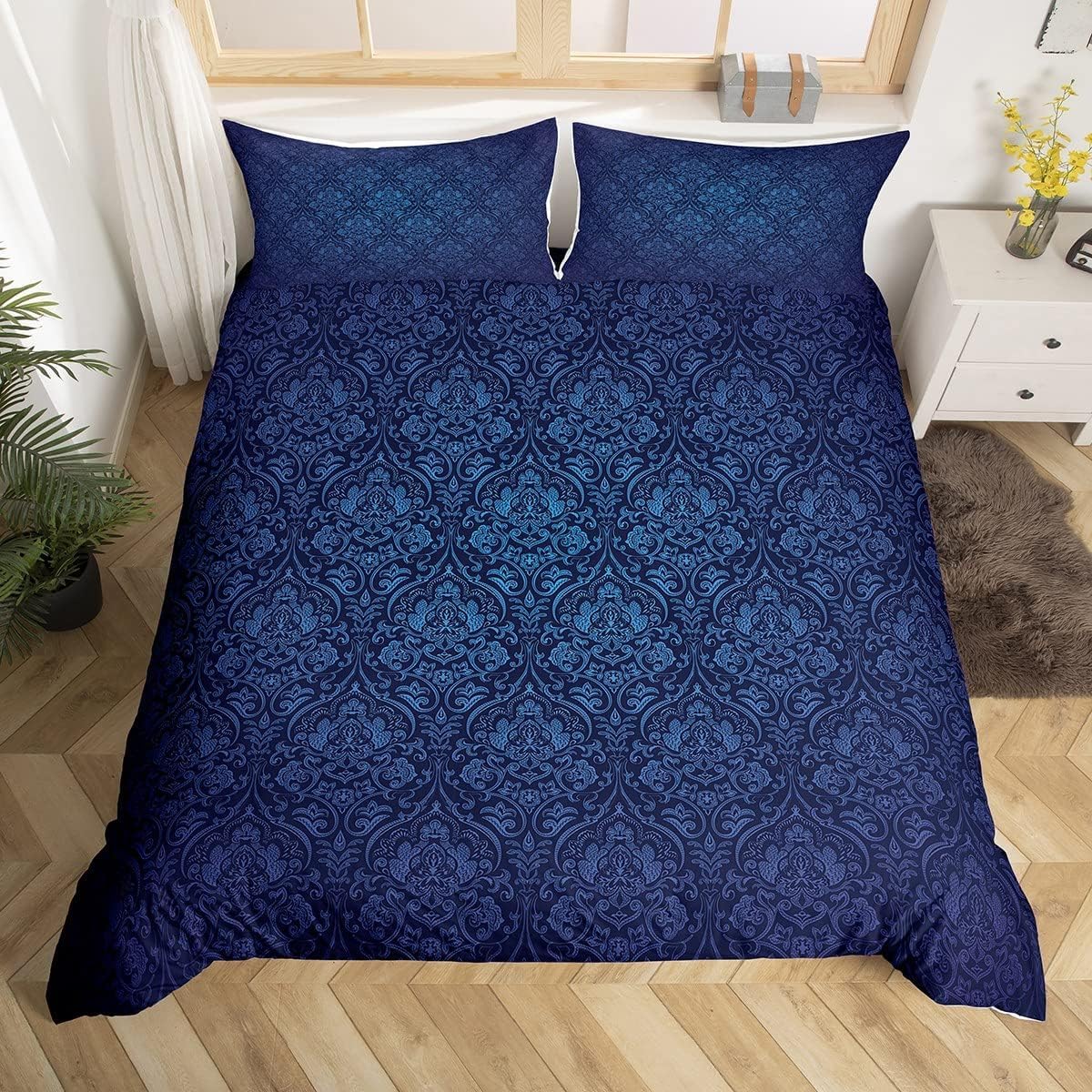 Homewish Indigo Ombre Floral Bedding Sets King Size, Boho Paisley Damask Duvet Cover Sets for Adults Men Women, Bohemian Exotic Duvet Sets Vintage Blue Hotel Luxurious Bedding & Linen โ image 1