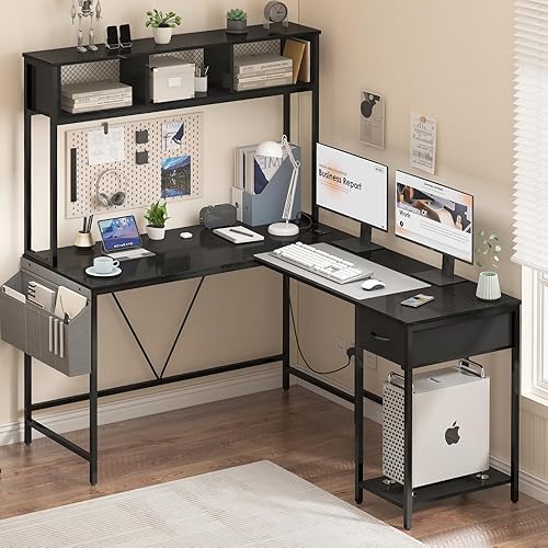 Miniatura 2 de Yoobure Escritorio en forma de L para juegos con tira LED y toma de corriente, escritorio reversible en forma de L con estante de almacenamiento y