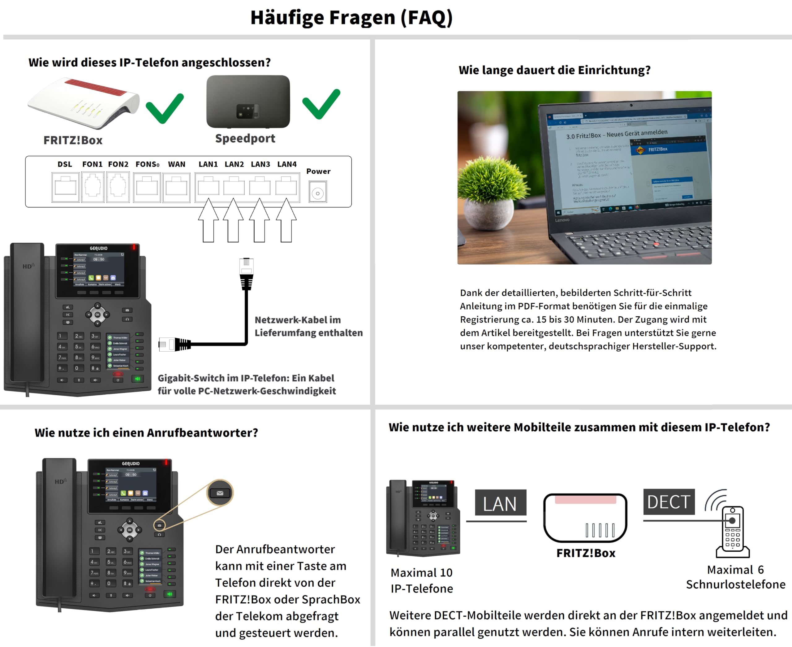 GEQUDIO GX5+ IP Telefon VoIP mit Netzteil für FritzBox, Telekom Speedport | Bluetooth Schnittstelle, 2x Farbdisplay, HD-Freisprechen, 30 Kurzwahltasten, Deutsche Anleitung (PDF)