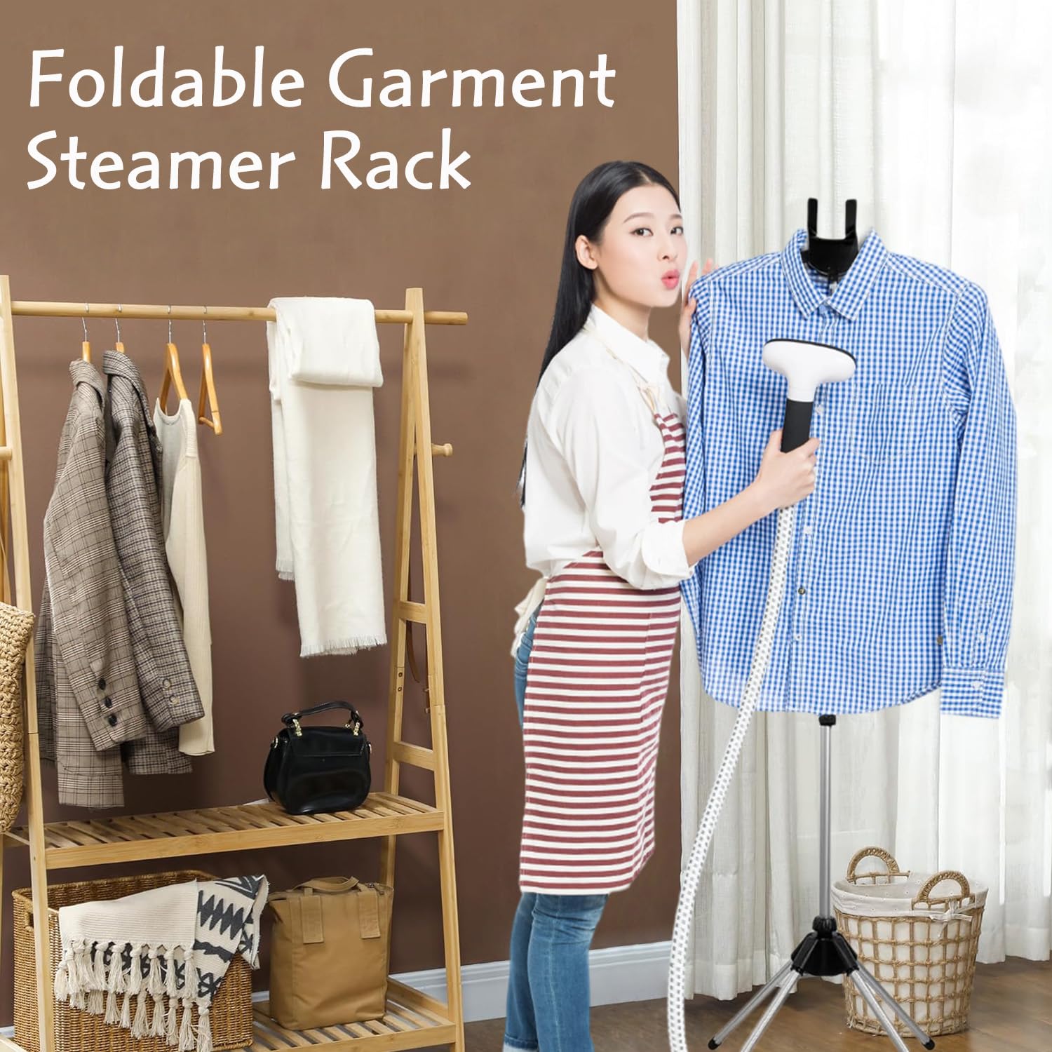 Supporto per vapore, supporto per vaporizzatore per indumenti, rack regolabile con gancio, pieghevole e portatile, per viaggi e casa (nero)