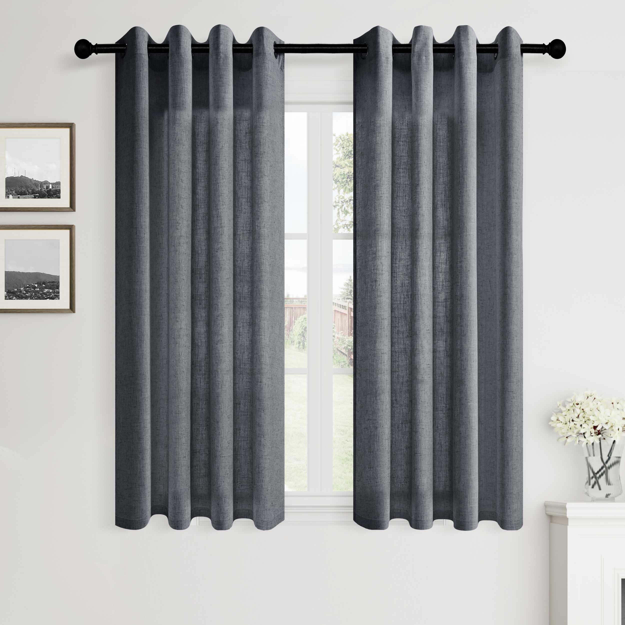 Dark Grey Linen Curtains 45 Inch Length 2 Panels Set for Bedroom Dining Room Kitchen Grommet Linen Drape Semi Sheer Farmhouse Neutral Charcoal Gray Window Curtains 45 Inches Long for Living Room — image 1