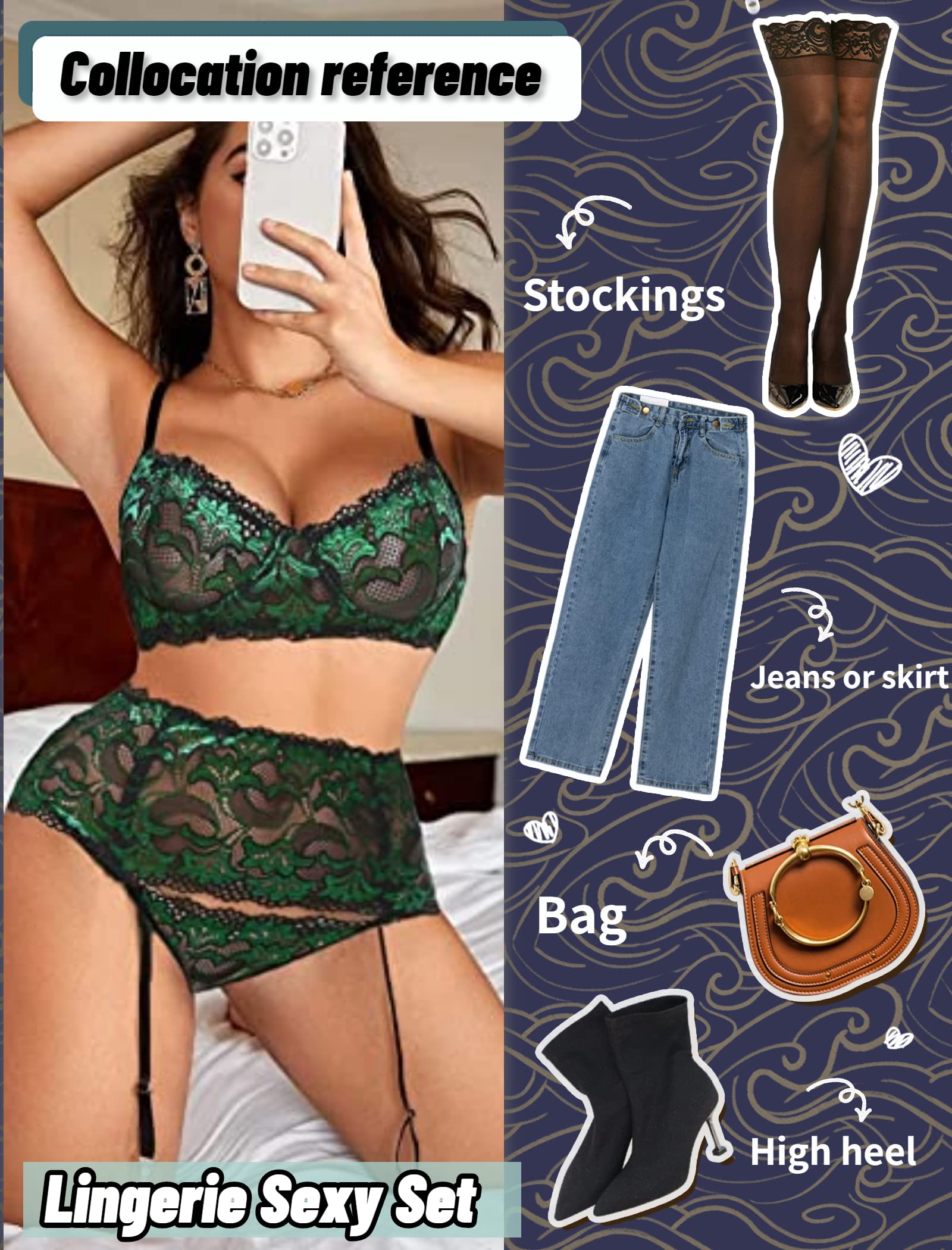 Avidlove Women Lingerie Set High Waisted Underwire Lingerie With Garter Belt Lace Babydoll: Small Green