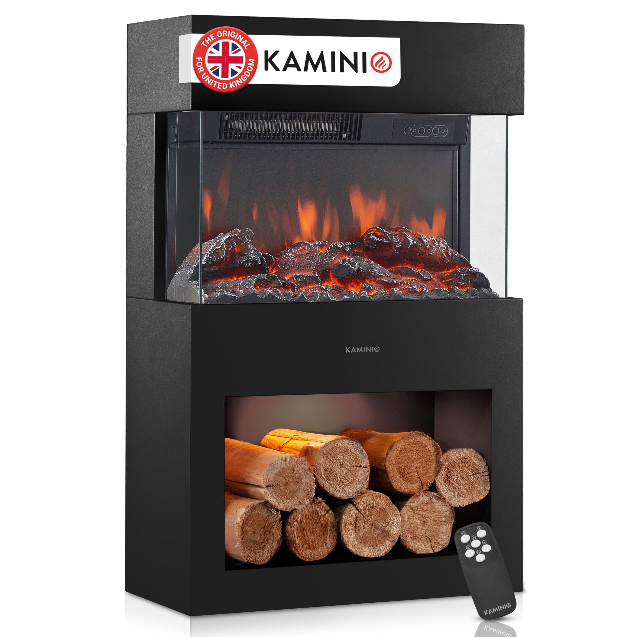 Kaminio Black Electric Fireplace Henri - Electric Stove With Heater, 3D Flame Effect, Led Mood Light, Wood Storage Compartment, Remote Control (Black)
