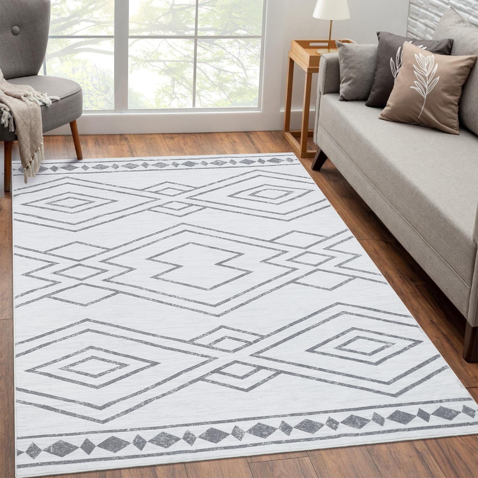 Area Rug 8x10 Modern Geometric Area Rug Moroccan Indoor Carpet Large Area Rug Machine Washable Rug Non Slip Indoor Carpet for Living Room Bedroom Home Decor, Grey, 8’x10’
