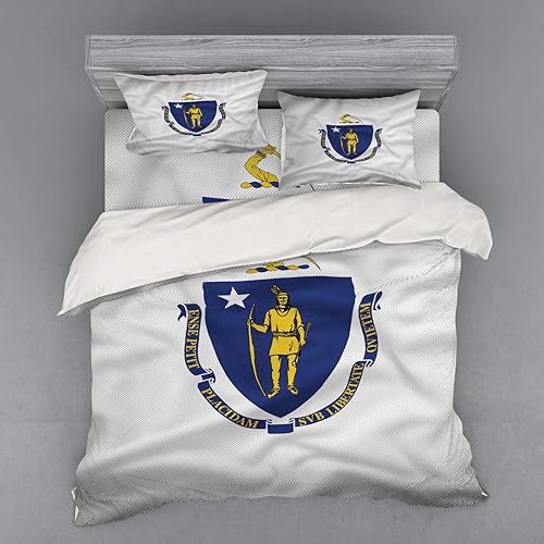 Miniatura 4 de Lunarable American Bedding Set, Massachusetts Flagg Holds a Bow and Pointing Downward Arrow, 4 Piece Duvet Cover Set with Shams and Fitted Sheet,