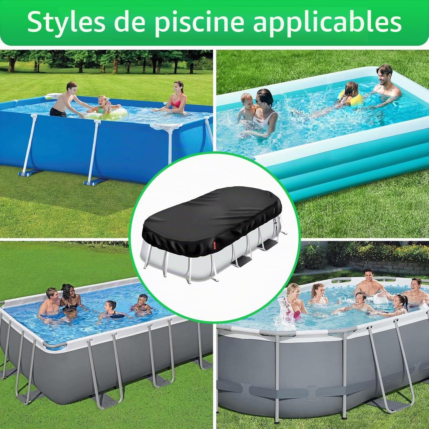 Bâche de piscine rectangulaire 550 x 275 cm, en polyuréthane 420D, épaisse, rectangulaire, avec cordon de serrage et clous de sol, coupe-vent et indéchirable
