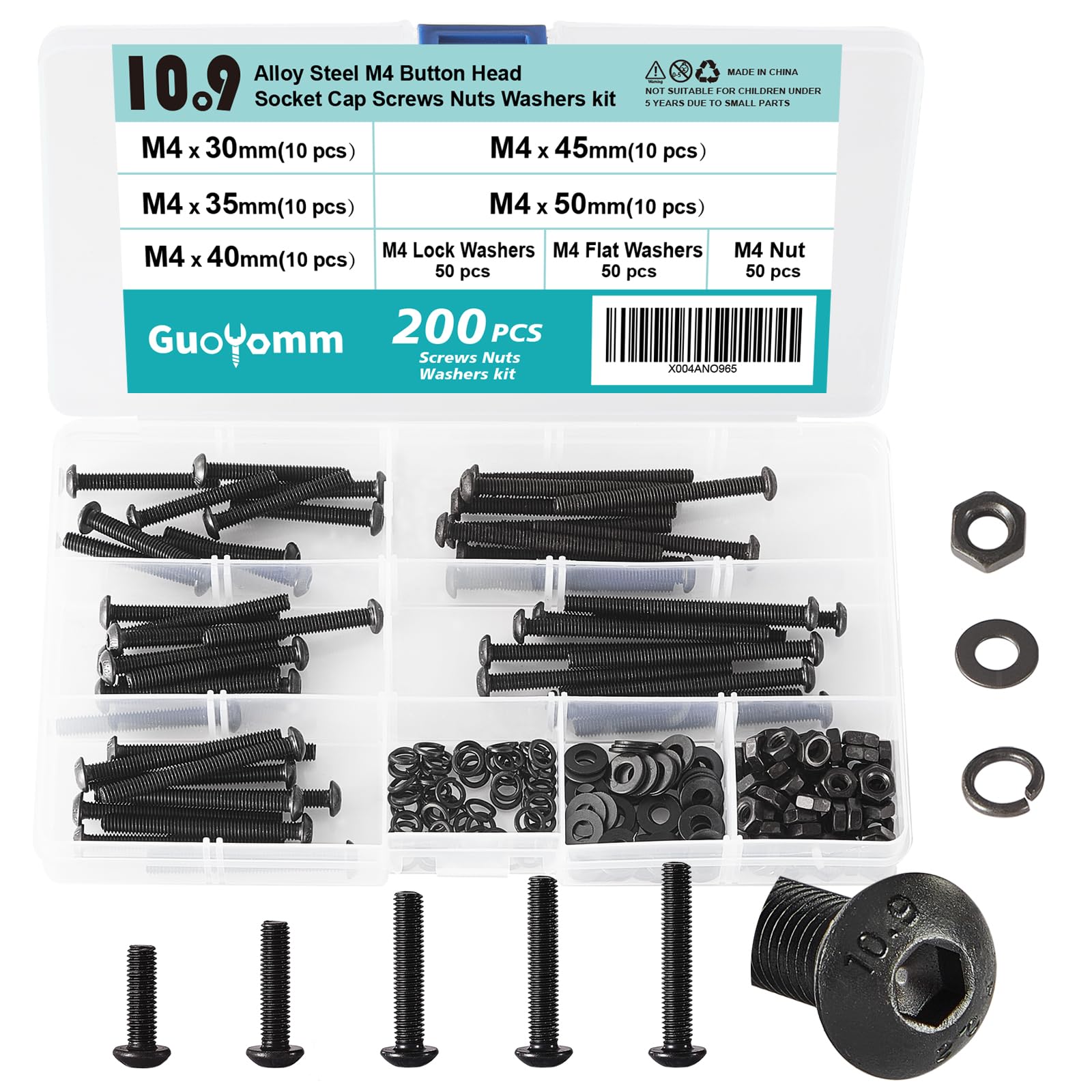 GuoYomm M4 x 30mm 35mm 40mm 45mm 50mm, Button Head Socket Cap Screws Bolts Washers Nuts Assortment Kit, 10.9 Grade Alloy Steel, Black Oxide Finish,