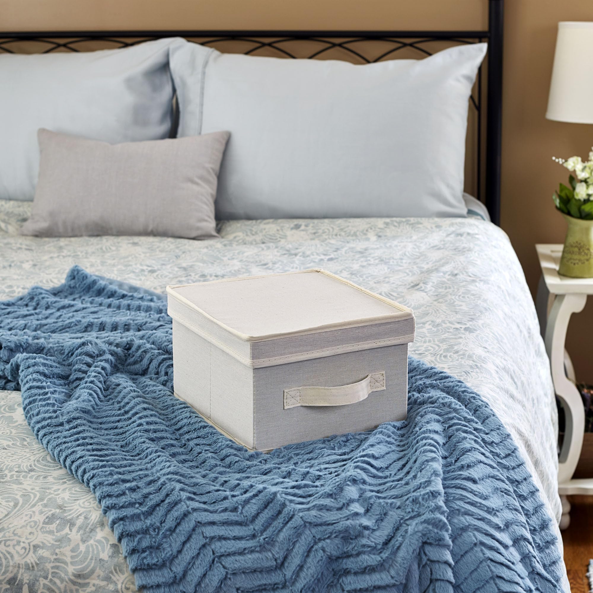 Household Essentials 111 Storage Box with Lid and Handle - Natural Beige Canvas - Medium,Natural Trim - Image 3