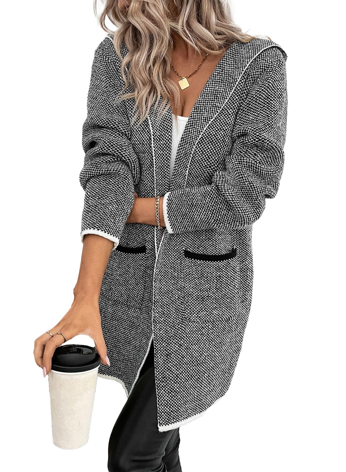 Sidefeel Womens 2025 Fall Outfits Long Sleeve Open Front Contrast Cardigan Sweaters Oversized Chunky Hooded Sweaters Coat