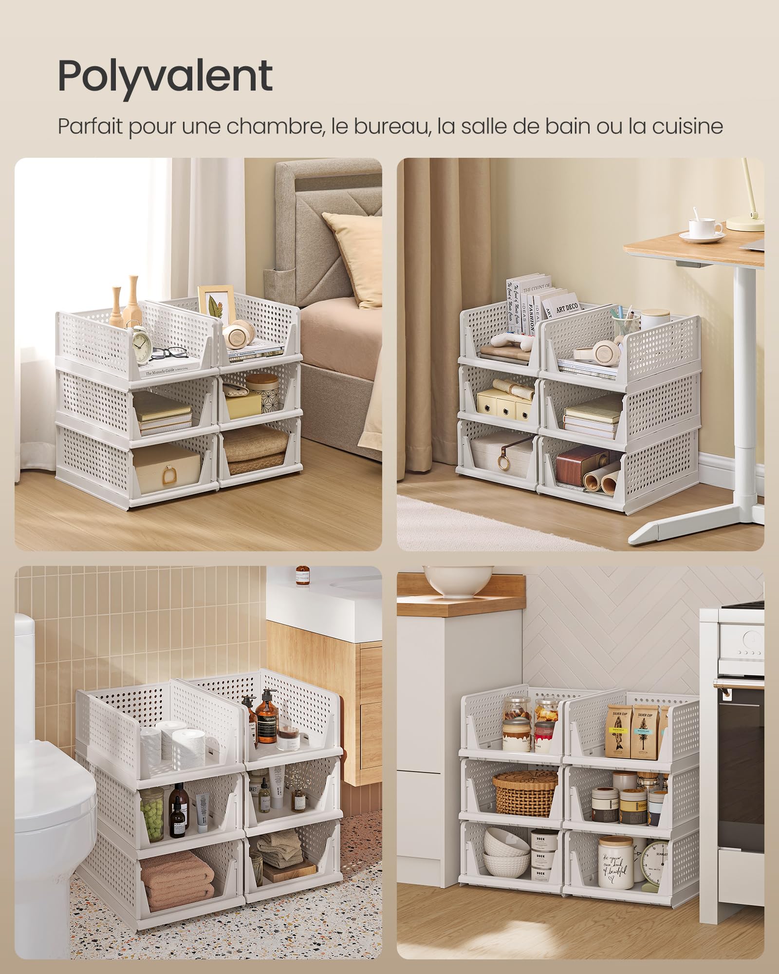 SONGMICS Organisateur d’Armoire Pliable, Lot de 6, Tiroir Coulissant Empilable, Panier, Étagère de Rangement, en Plastique, pour Chambre, Bureau, Salle de Bain, Blanc LPC600WZ01