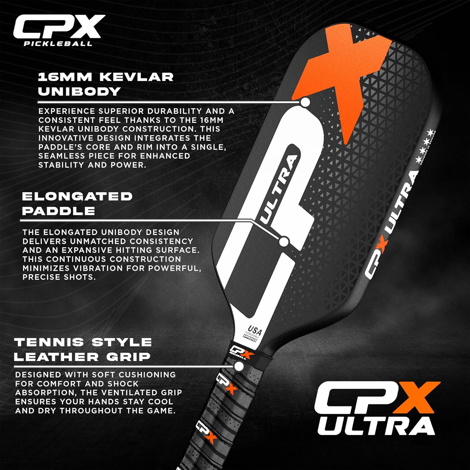CPX Ultra Series Fiber-Reinforced Friction Surface Pickleball Paddle - 16mm Polypropylene Honeycomb Core, Lightweight for Speed - Image 4