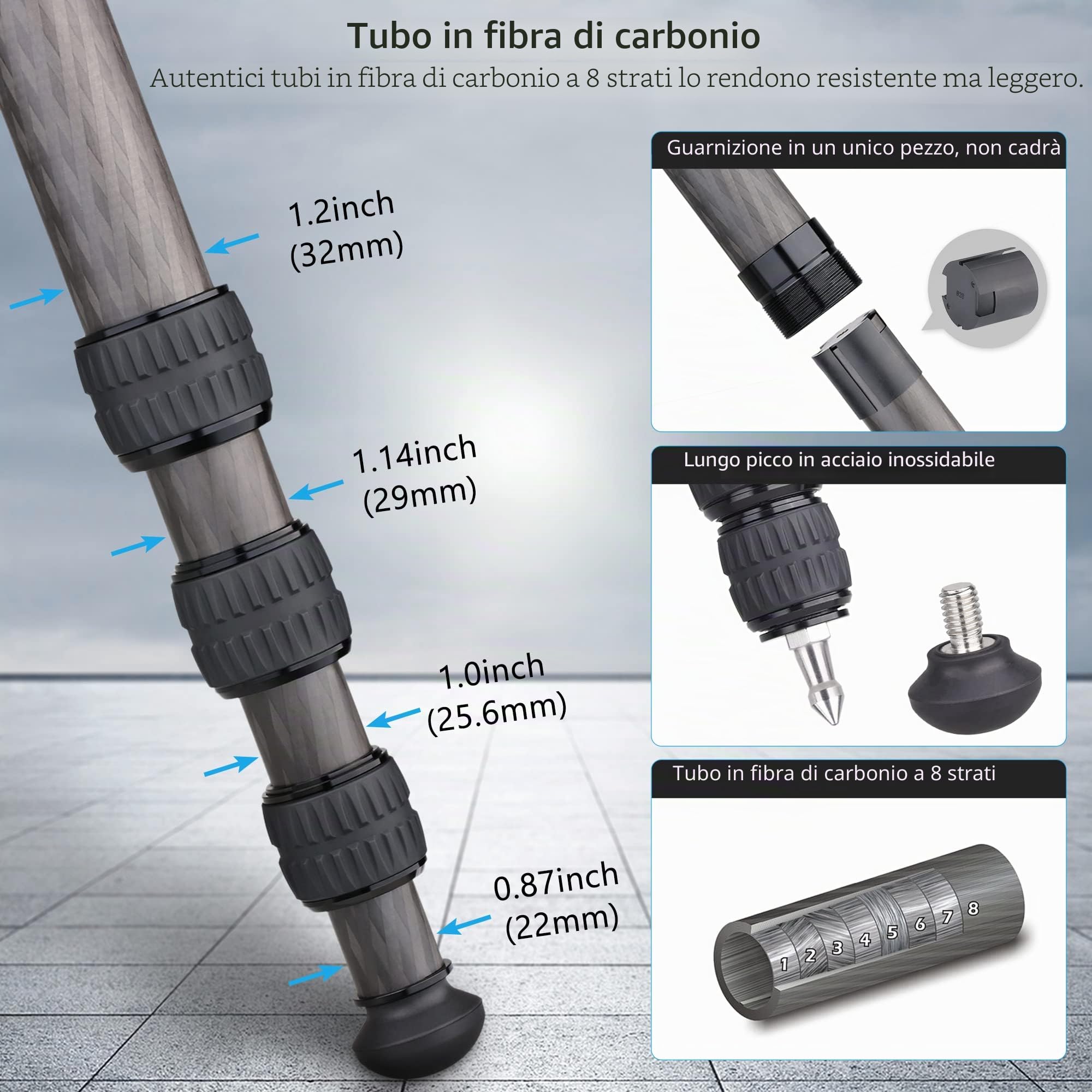 Treppiede compatto in fibra di carbonio con borsa in pietra ARTCISE CT80C Supporto per fotocamera da viaggio resistente per Canon Sony Nikon DSLR SLR Videocamera digitale, carico massimo 25 kg