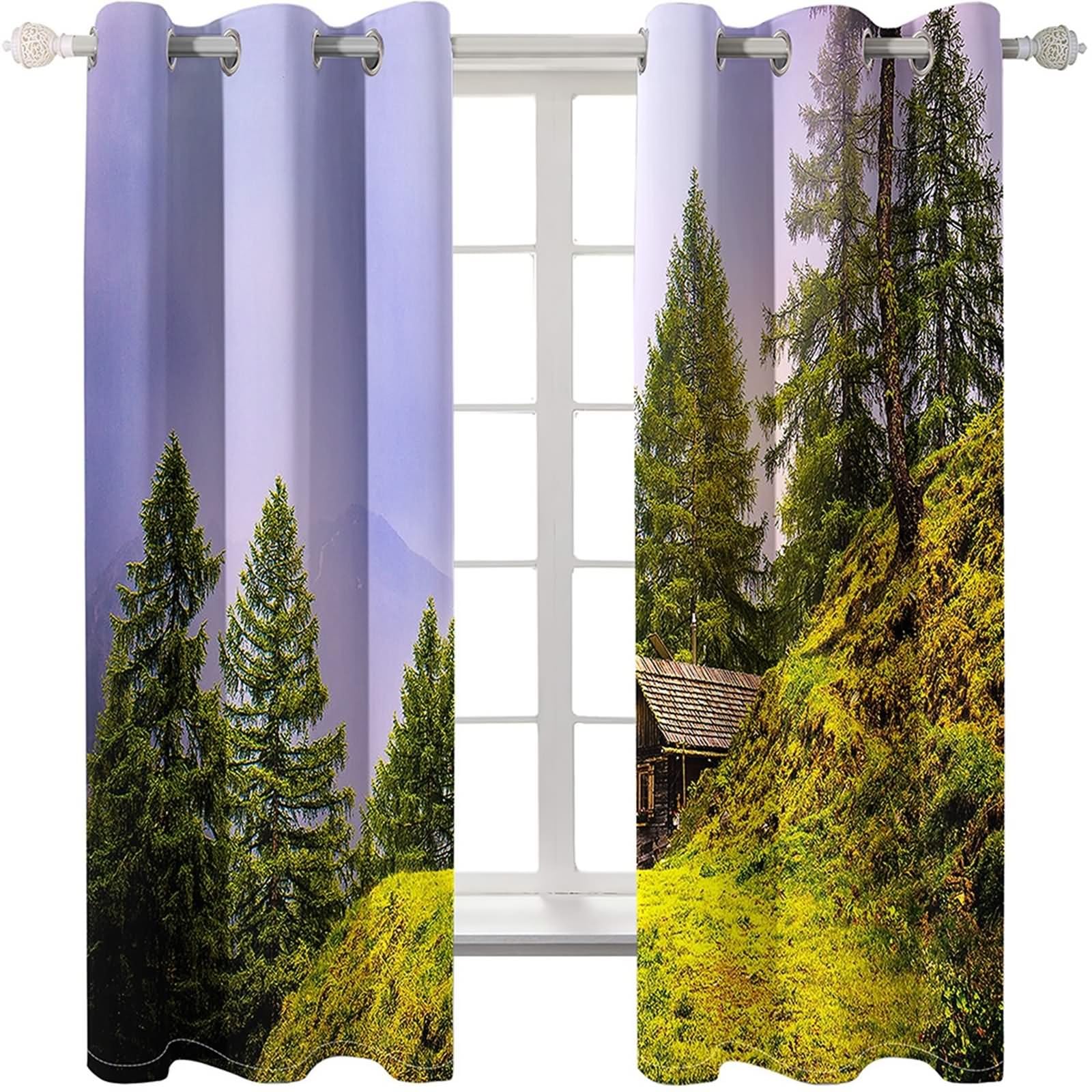 Nowoczesne zasłony do sypialni, brązowa zielona zasłona okienna drzewa górskie i wiejski domek poliester 2 panele 264x229cm