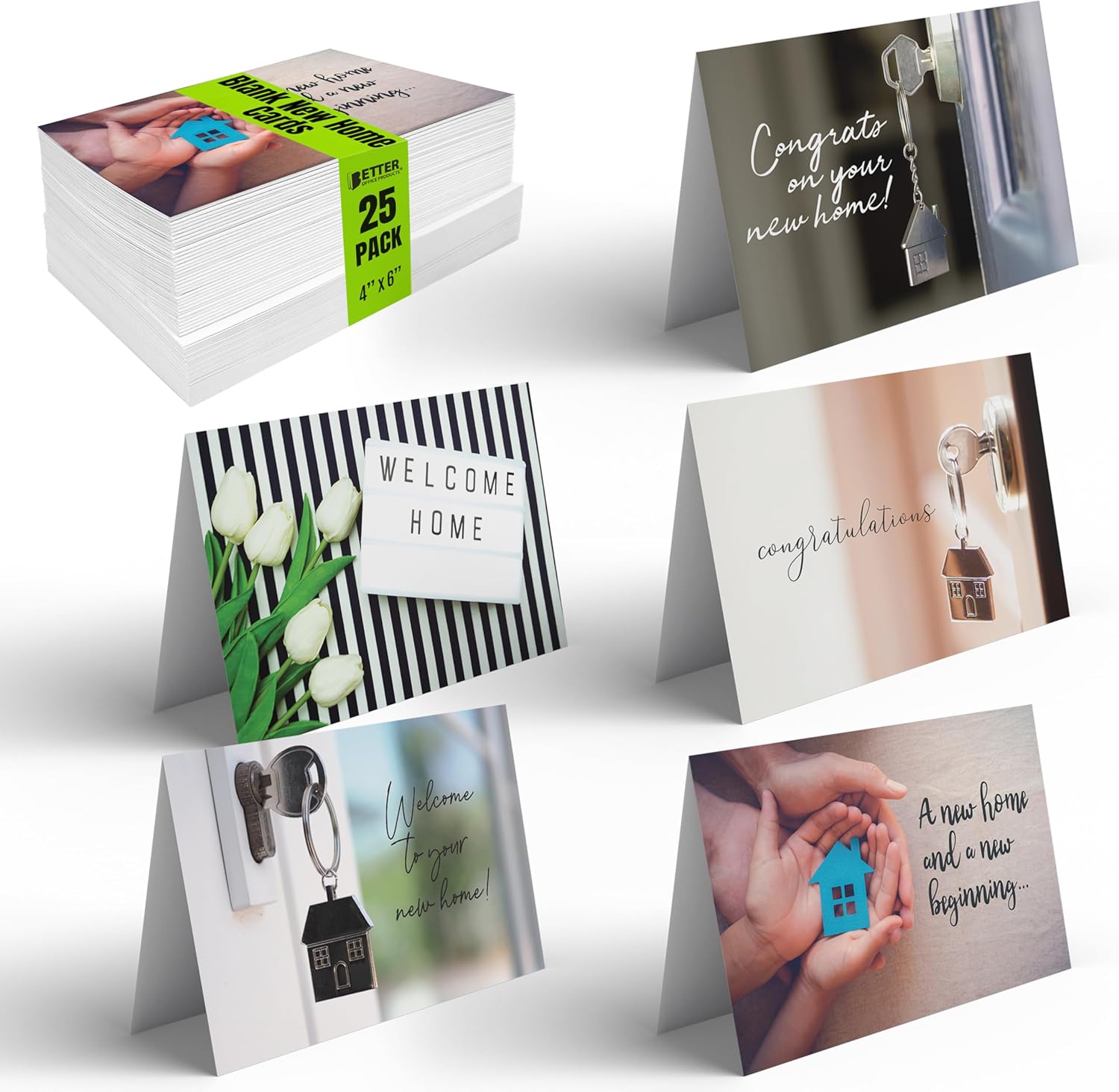 Better Office Products 25 Pack New Home Cards with Envelopes, Housewarming Notecards, Congratulations On Your New Home, Cards for Realtors, 4 x 6 Inch, 5 Cover Designs, Blank Inside