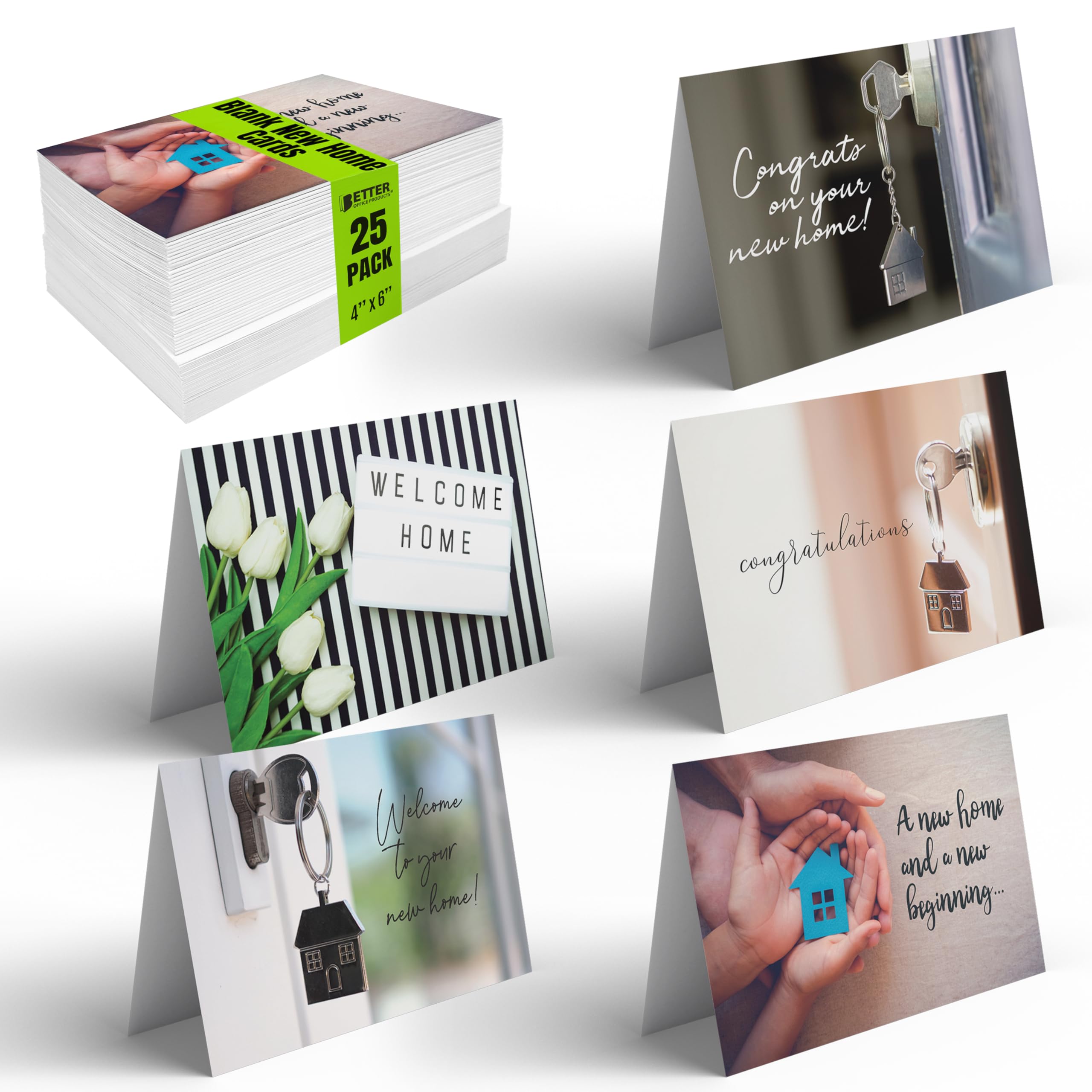 Better Office Products 25 Pack New Home Cards with Envelopes, Housewarming Notecards, Congratulations On Your New Home, Cards for Realtors, 4 x 6 Inch