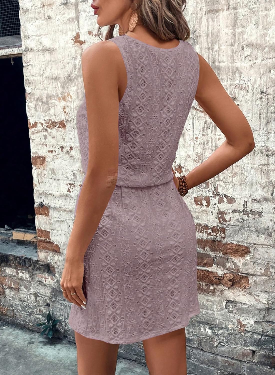 Acelitt Spring Summer Tank Dresses for Women 2026 Hollow Out Textured Drawstring Mini Dress - Image 3