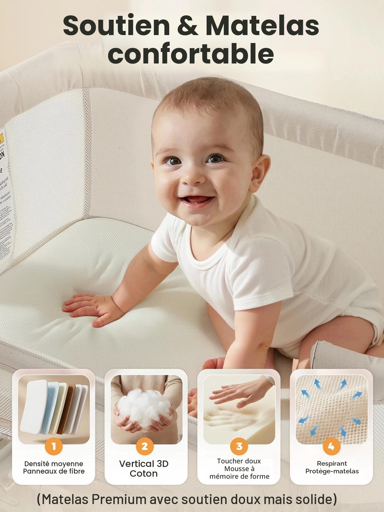 Berceau Cododo 3-en-1 à Bascule avec Roues Lit Bébé Réglable en Hauteur 6 Positions Matelas Doux Mousse Respirante