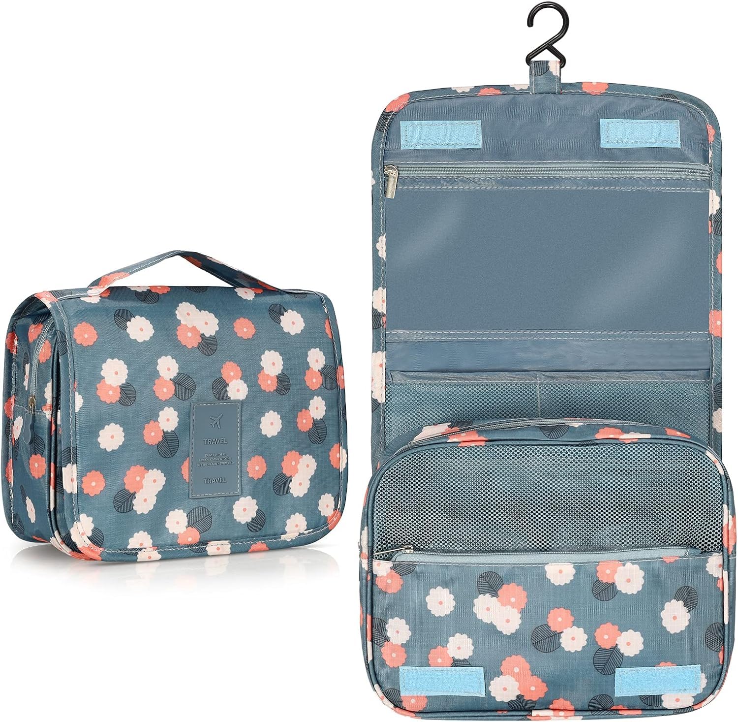 JIIKOOAI Travel Hanging Toiletry Bag Wash Bag Makeup Cosmetic Pouch with Hook for Women Girls Kids Waterproof (Blue Flower)