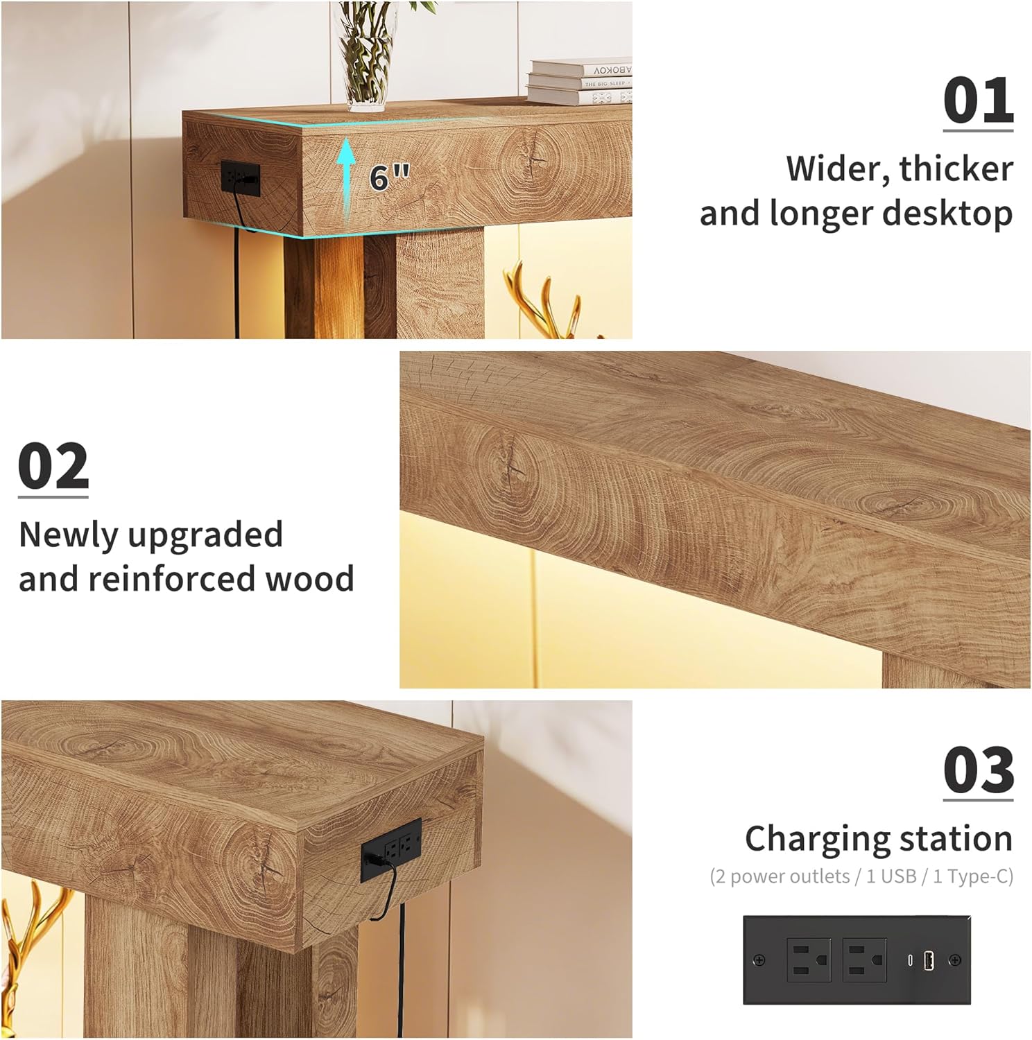 GarveeHome Farmhouse Console Table - 47" Minimalist Vintage Entryway Table, Storage Rustic Sofa Table with Open Shelves for Hallway, Living Room, Foyer, Bedroom (Motion Sensor Light, 63")