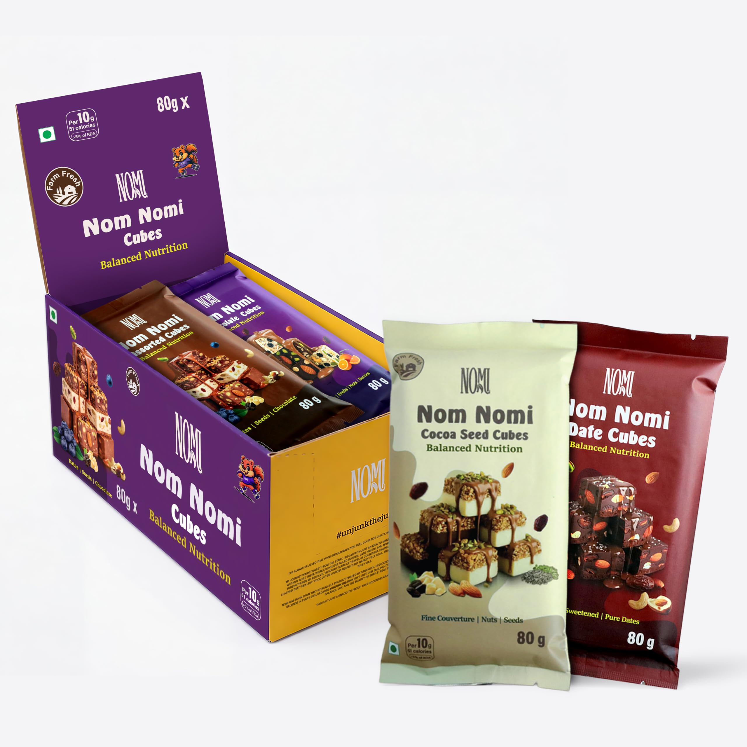 NOMI Date, Cocoa Seeds, Assorted & Dark Chocolate Energy Cubes- Pack of 4 (80g Each) | 10g Nutritious Bite-Sized 16 Cubes | Naturally Sweetened, No Preservatives | High Protein & Fiber | 100% Natural Vegetarian Protein Cubes-image-27