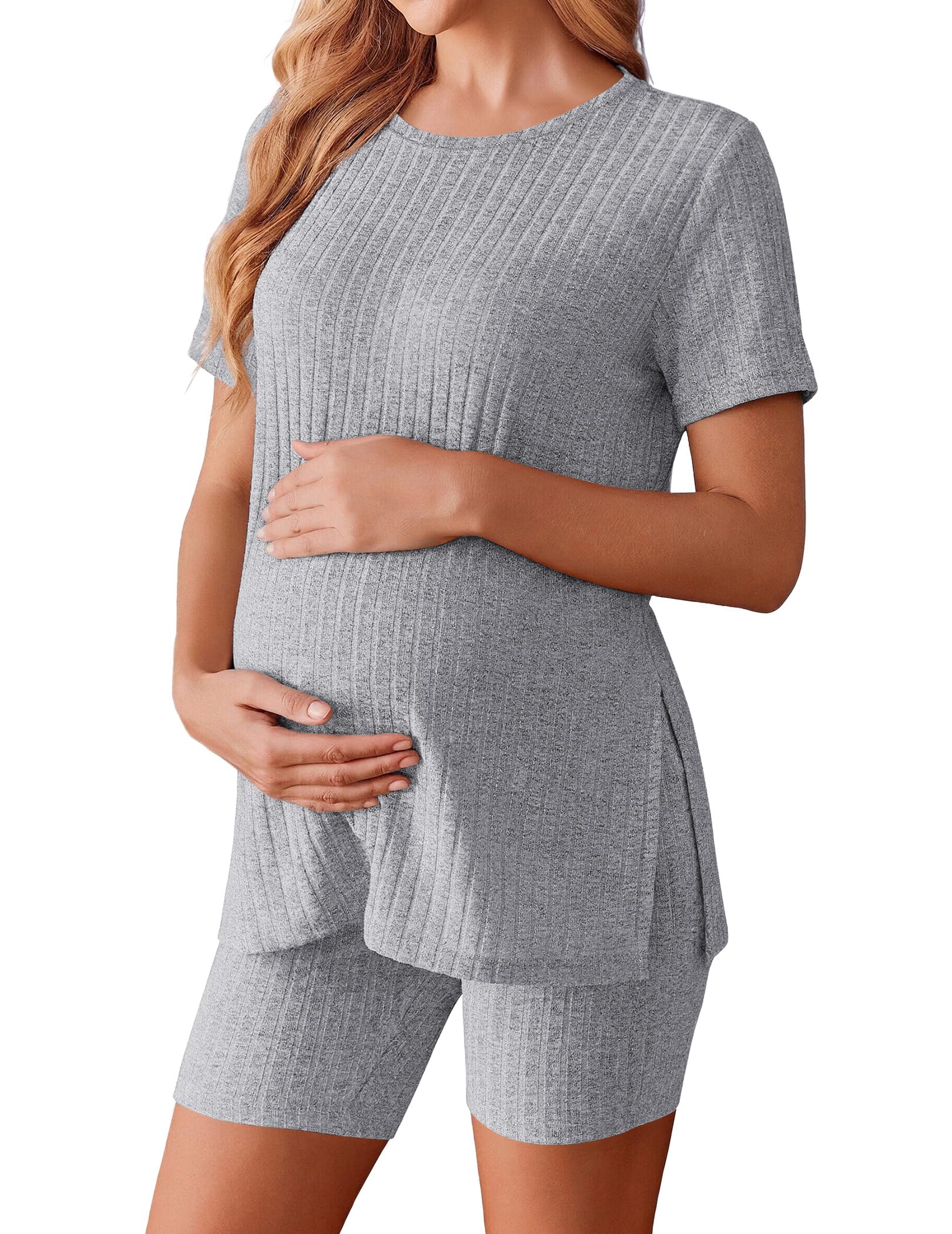 Ekouaer Maternity Sets 2 Piece Outfits Short Sleeve Shirts and Biker Shorts Pregnancy Loungewear