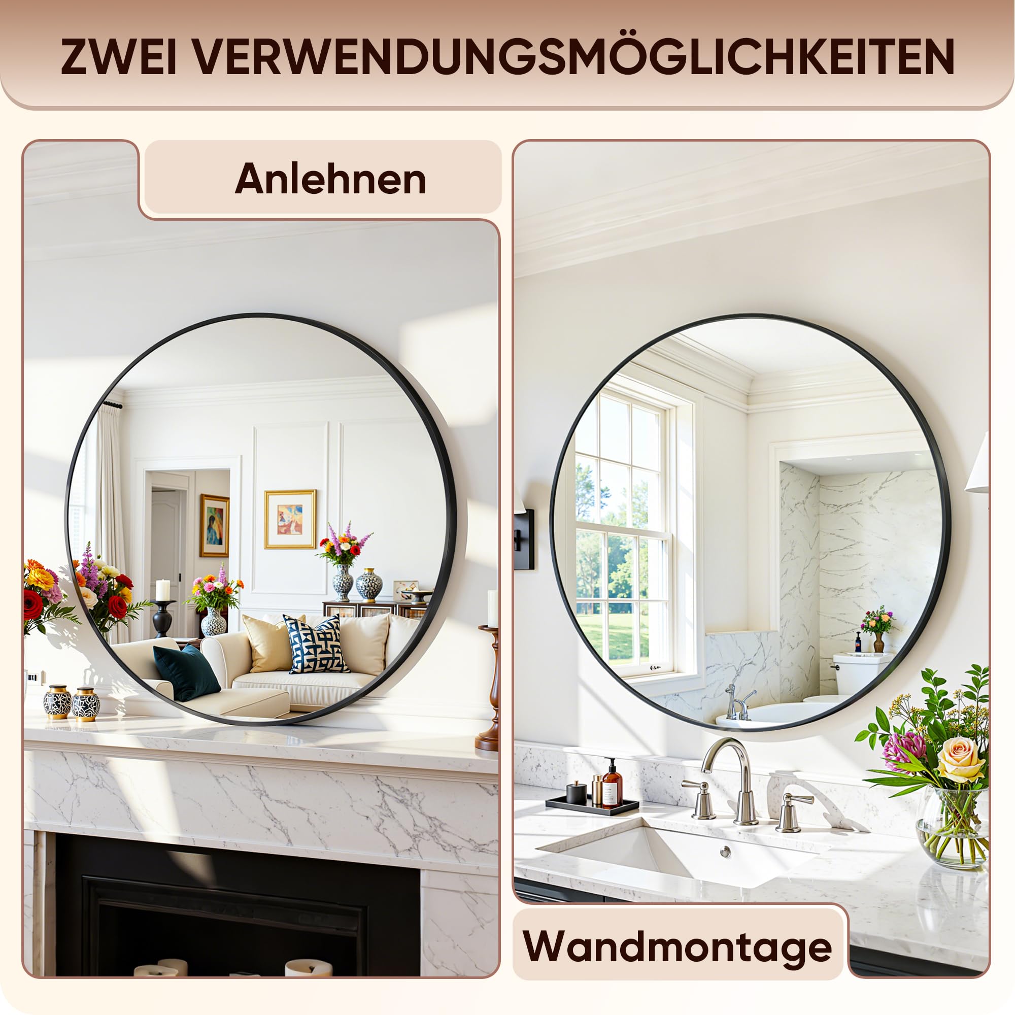 Antok Spiegel Rund, 81cm Schwarz Dekorative Wandspiegel für Bad, Eitelkeit, Wohnzimmer, Eingangsbereich, Runder Spiegel Hängend oder Lehnend, Aluminium Rahmen