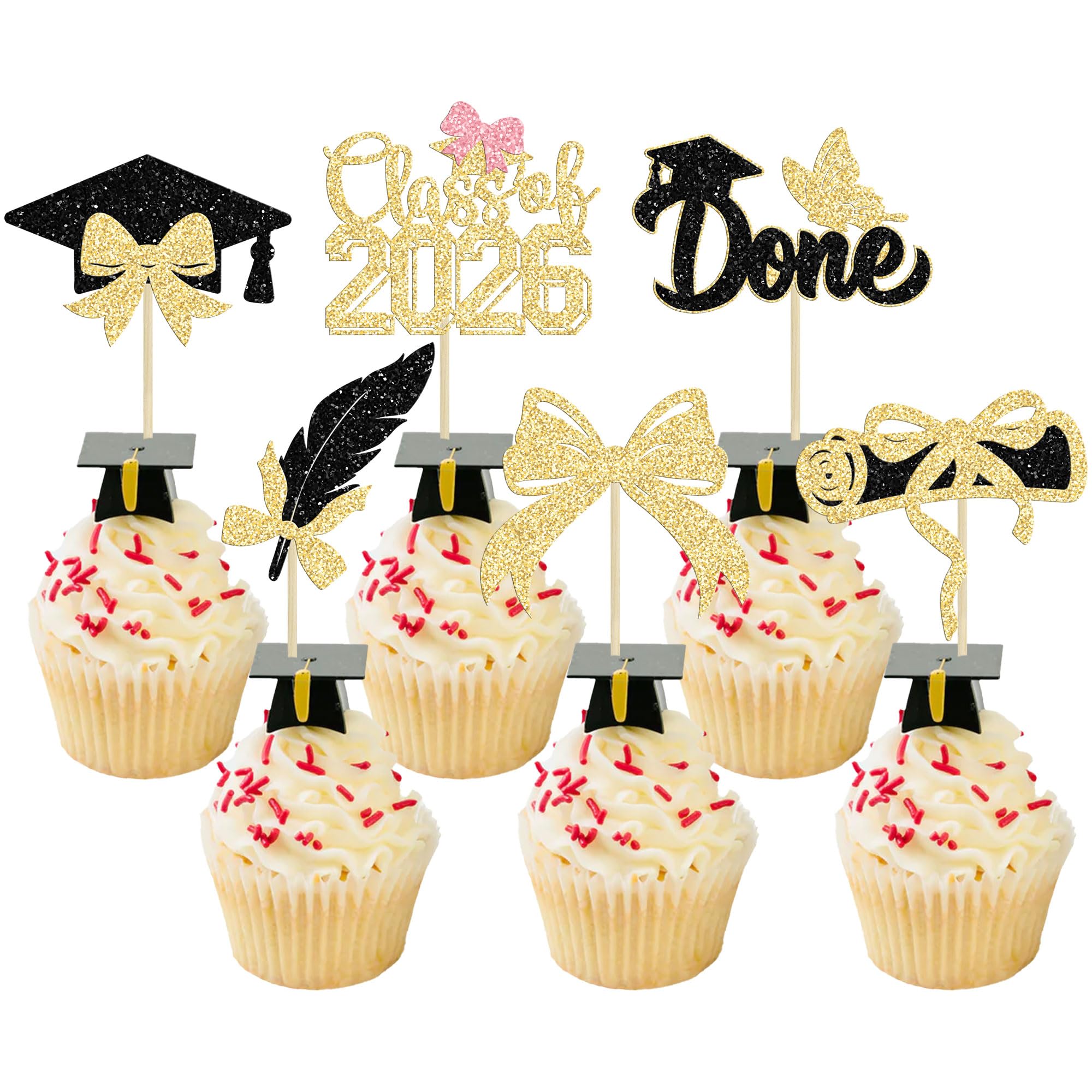 Gyufise 24Pcs 2026 Graduation Theme Cupcake Toppers Class of 2026 Cupcake Picks Butterfly Bow Diploma Congrats Grad Cake Decorations for 2026 High School College Girl Graduation Party Supplies Gold 2 โ image 1