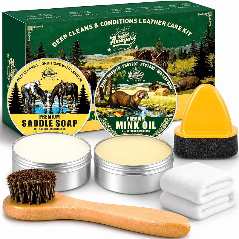 Kit de cuidados para couro Awaydol com óleo de vison, sabão para sela, escova de crina e pano ZHFT02
