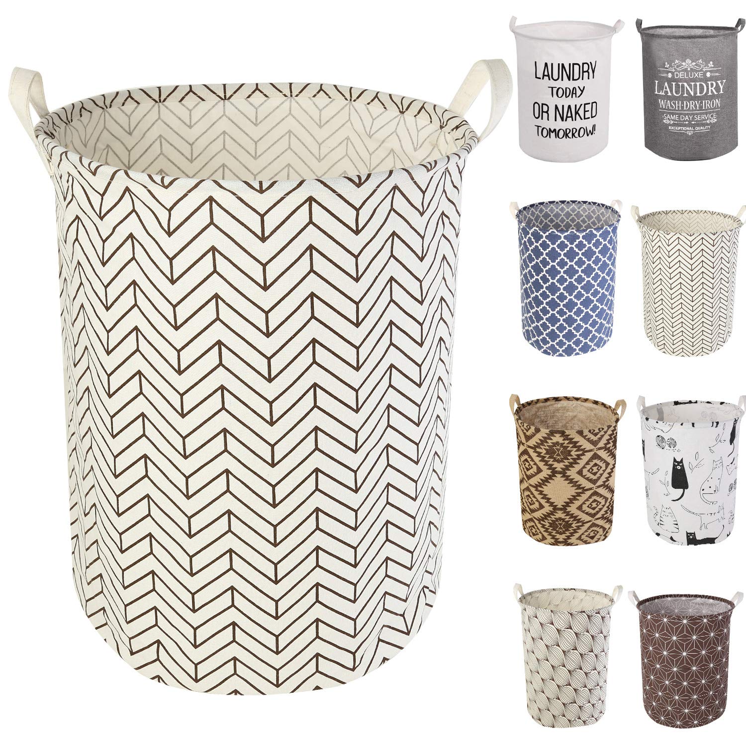 LessMo 17.7" Laundry Hamper, Collapsible Storage Basket With Easy Carry Handles, Waterproof Round Cotton Linen, for Baby Products, Toys, Bedroom Hamper