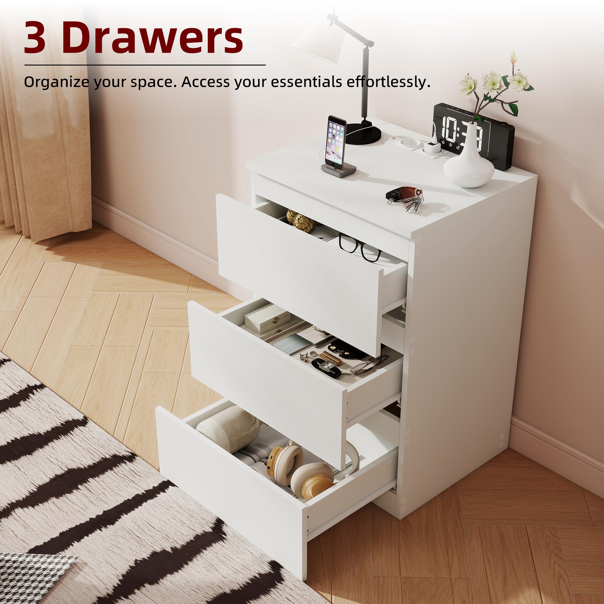 Mesita de Noche con 3 Cajones, Mesilla de Noche Blanca con 2 Enchufes AC y 2 Puertos USB, Mesa Auxiliar con Estación de Carga para Dormitorio y Salón, Moderna, 40 x 35 x 60 cm