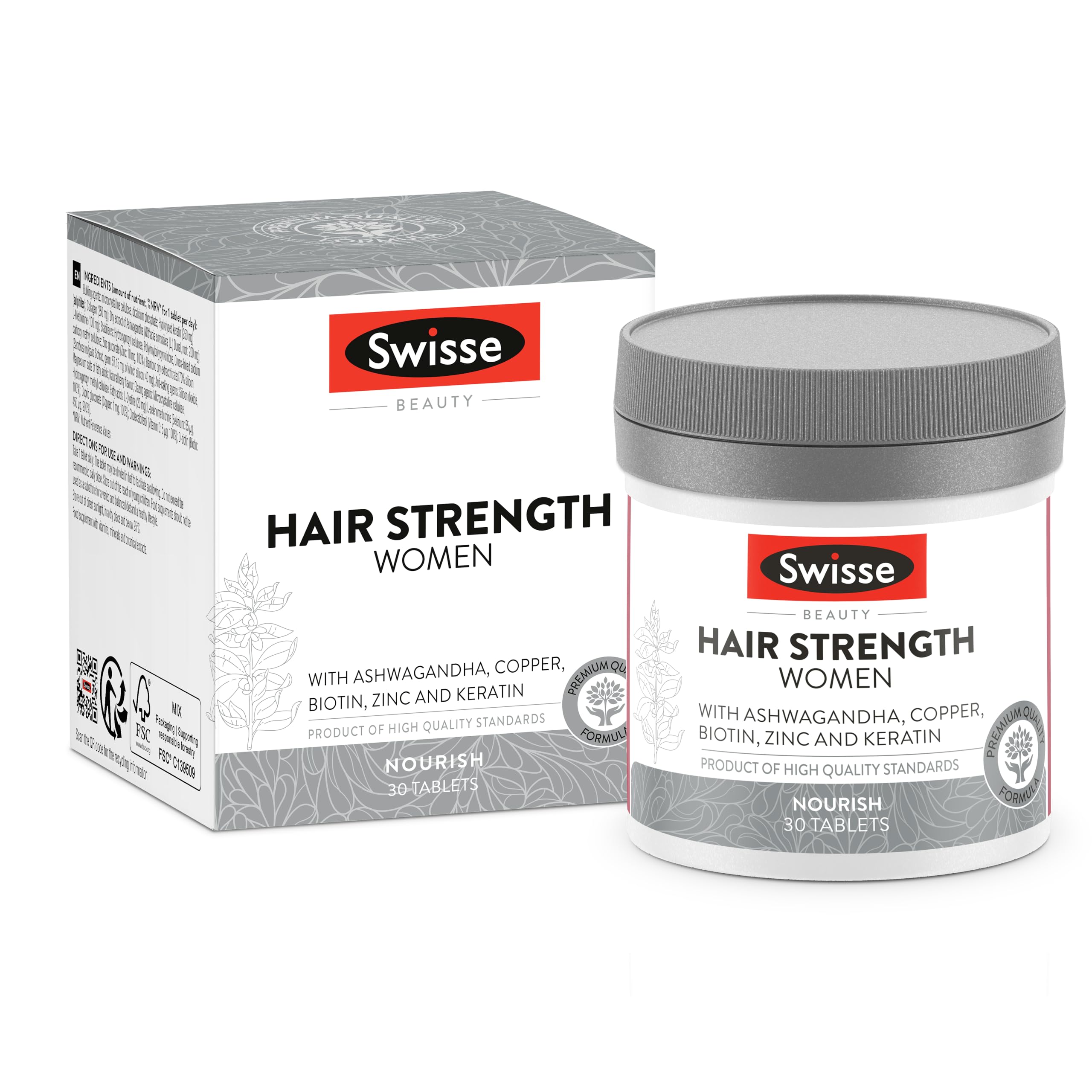 SWISSE Fuerza del Cabello Mujeres - Suplemento con Biotina para el Cabello Mujer con Zinc y Cobre, Complemento con Keratina con Acción Fortalecedora y Tónica-Adaptógena, 30 Comprimidos - Made in Italy